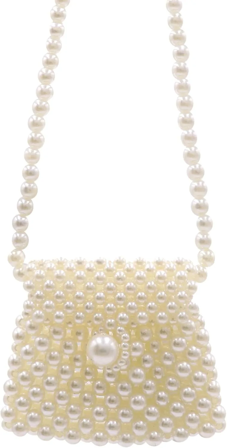 Girls White Beaded Pearl Crossbody Bag Acrylic Beaded Tiny Crossbody Pearl Handbag and Purse Clutch Mini Wedding Bag