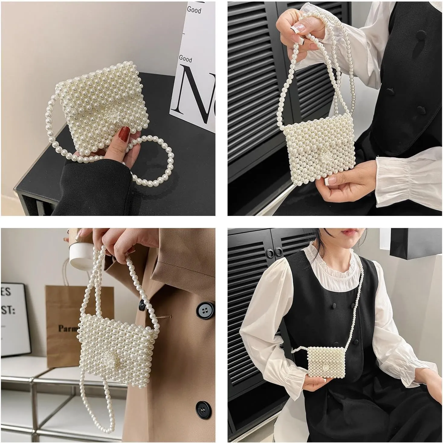 Girls White Beaded Pearl Crossbody Bag Acrylic Beaded Tiny Crossbody Pearl Handbag and Purse Clutch Mini Wedding Bag