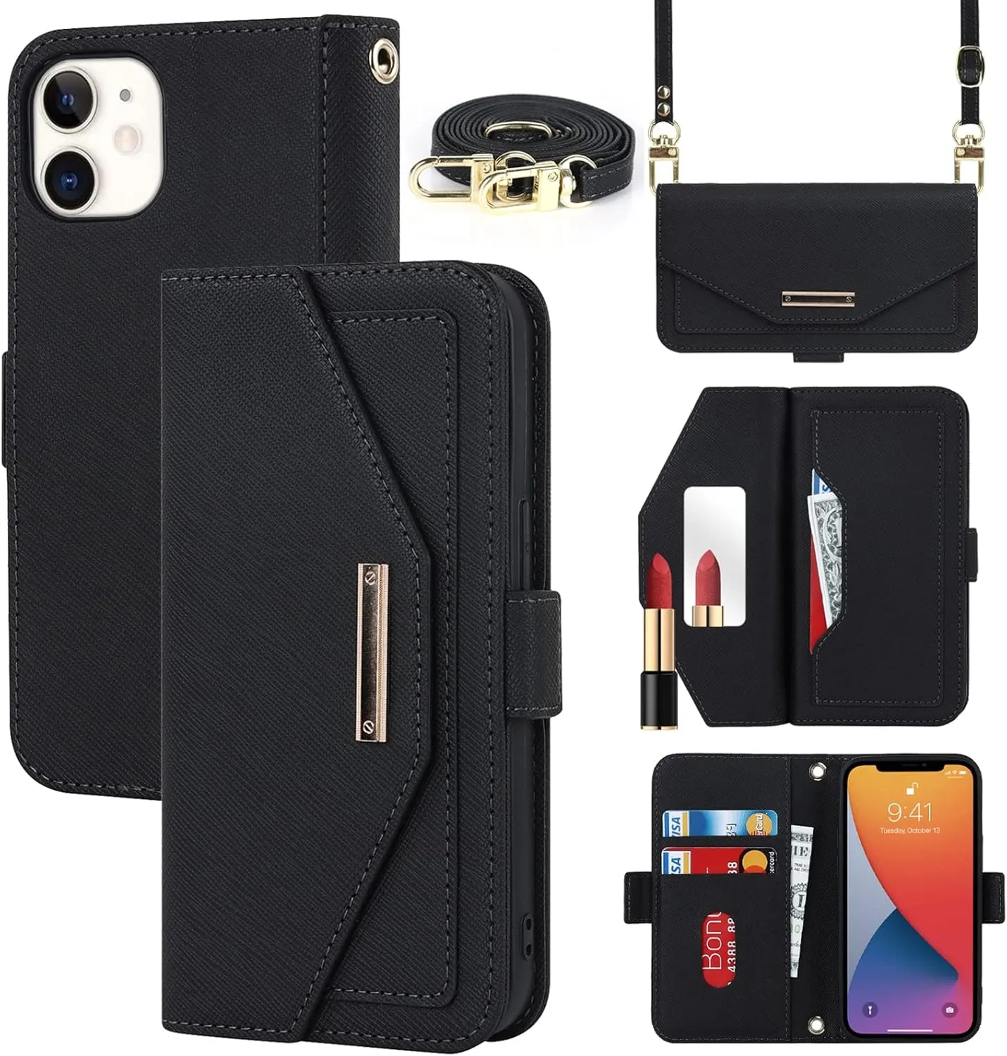 Jaorty Crossbody Wallet for iPhone 12 Mini Case with Adjustable Lanyard Strap Credit Card Holder 5.4",PU Leather Handbag Purse Kickstand Make Up Mirror Cover Case for Men Women Girl,Black