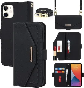 Jaorty Crossbody Wallet for iPhone 12 Mini Case with Adjustable Lanyard Strap Credit Card Holder 5.4",PU Leather Handbag Purse Kickstand Make Up Mirror Cover Case for Men Women Girl,Black
