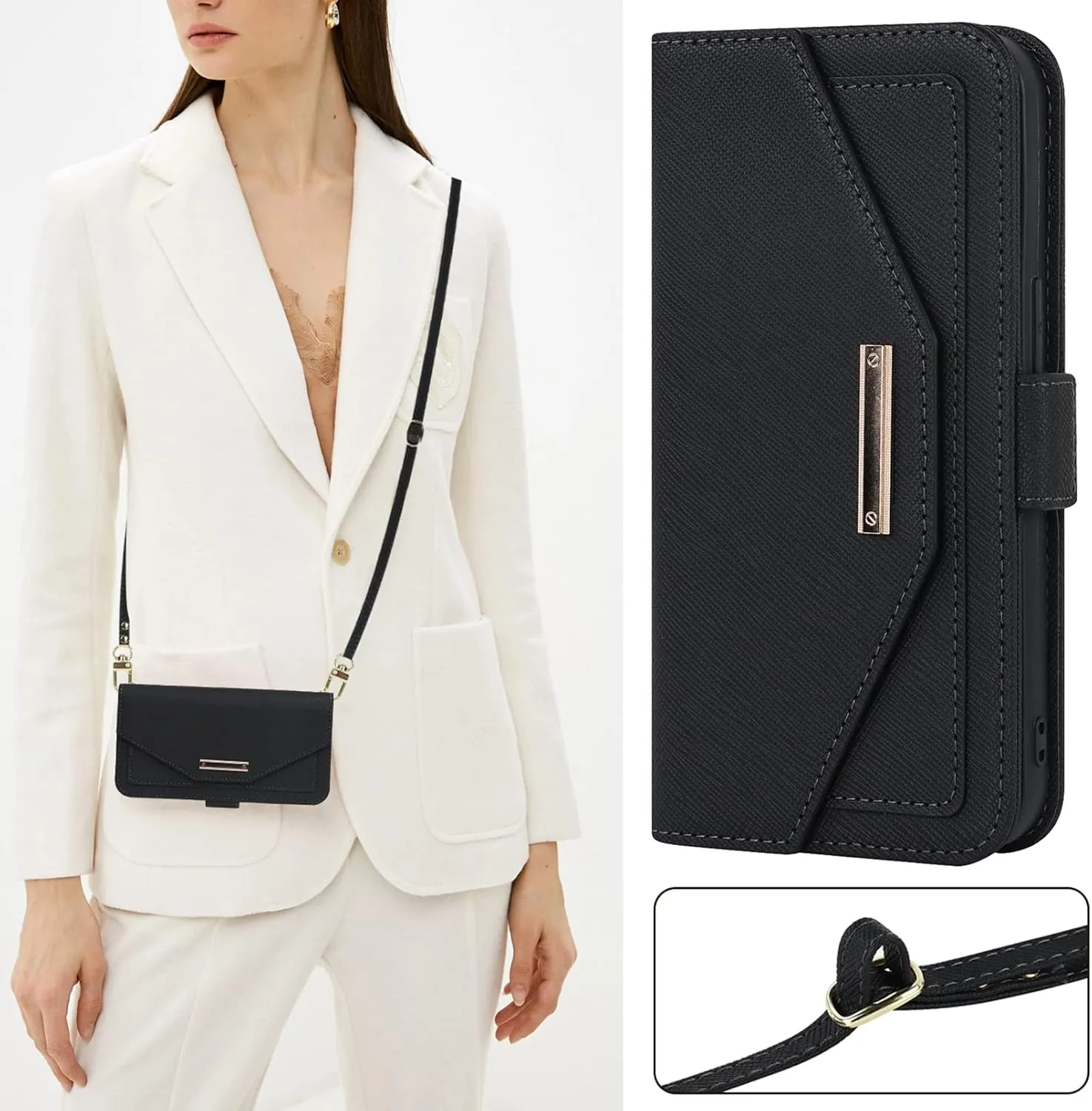 Jaorty Crossbody Wallet for iPhone 12 Mini Case with Adjustable Lanyard Strap Credit Card Holder 5.4",PU Leather Handbag Purse Kickstand Make Up Mirror Cover Case for Men Women Girl,Black