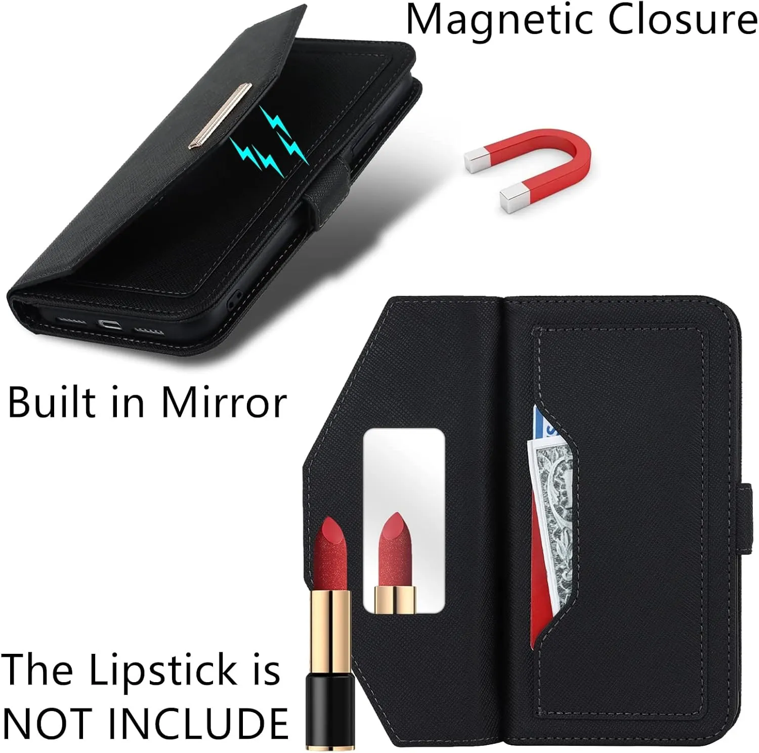Jaorty Crossbody Wallet for iPhone 12 Mini Case with Adjustable Lanyard Strap Credit Card Holder 5.4",PU Leather Handbag Purse Kickstand Make Up Mirror Cover Case for Men Women Girl,Black