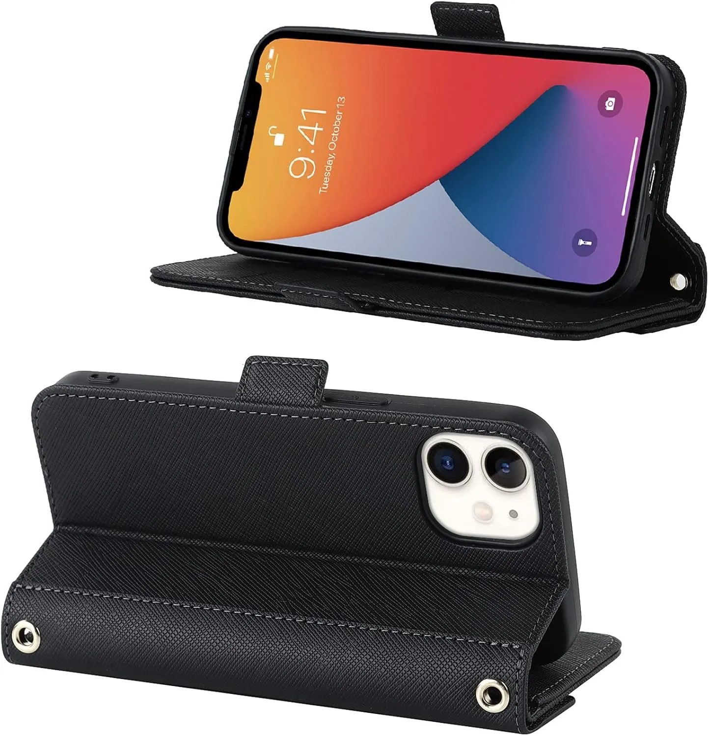 Jaorty Crossbody Wallet for iPhone 12 Mini Case with Adjustable Lanyard Strap Credit Card Holder 5.4",PU Leather Handbag Purse Kickstand Make Up Mirror Cover Case for Men Women Girl,Black