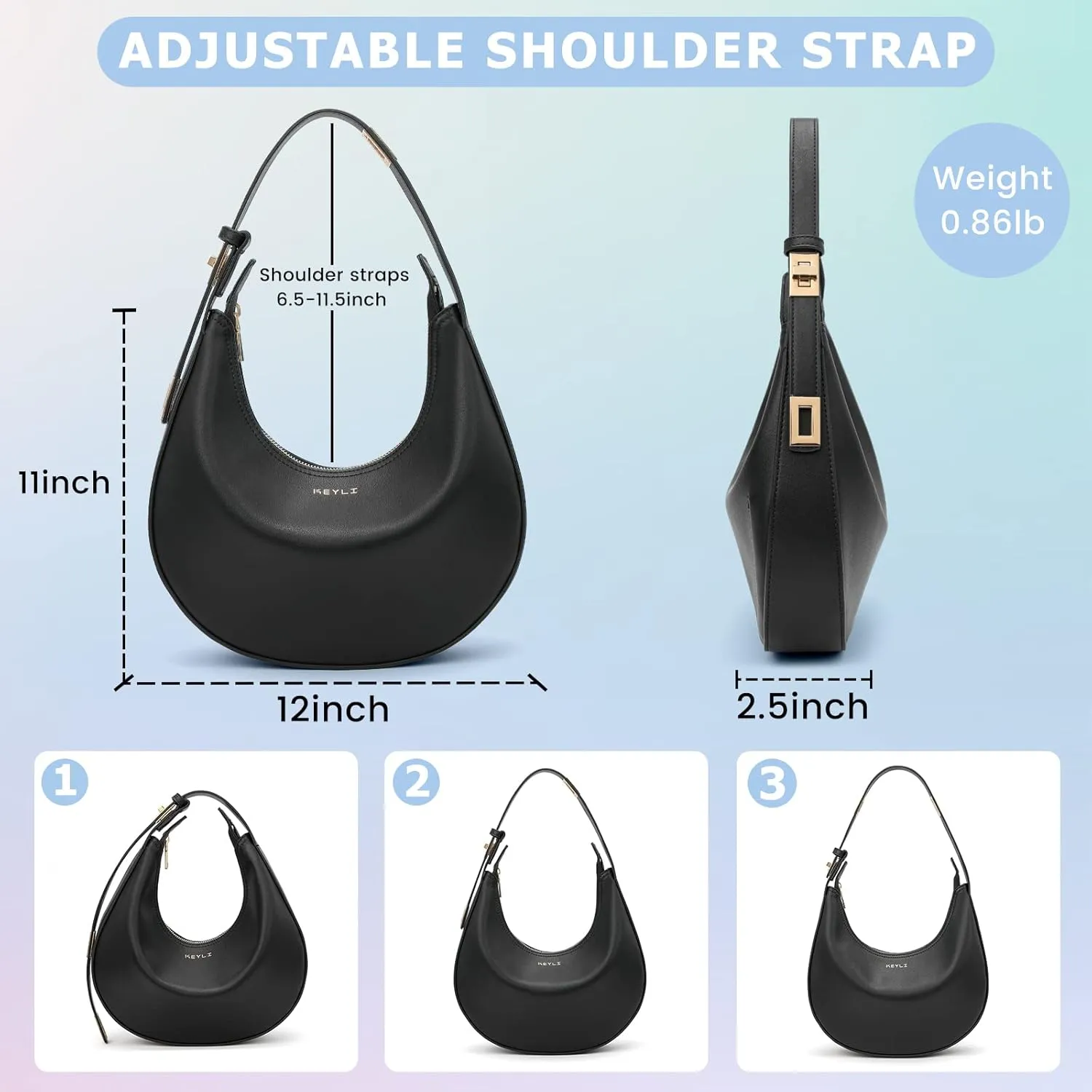 Keyli Shoulder Bag Stylish Casual Clutch Purses for Women 3 Ways Adjust Strap Hobo Handbags with Zip Closure