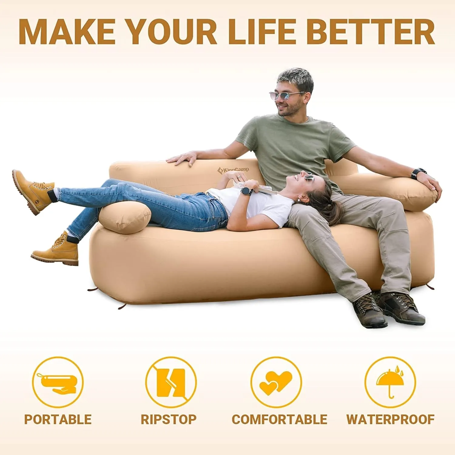 KingCamp Double Inflatable Couch for Camping, Portable Foldable Eco-Friendly Reach-Certified PVC Liner Air Lounger 2-Person Blow Up Sofa with Foot Pump, Pegs, Repair Kit & Removable Cover