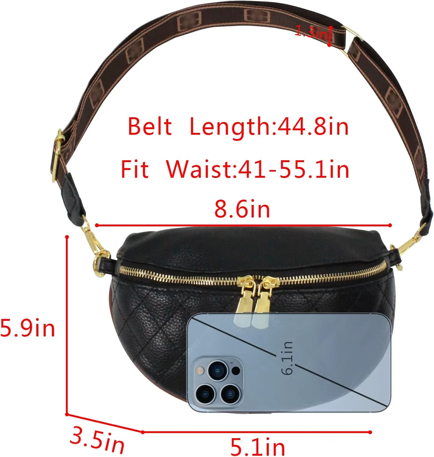 LABANCA Women Rivet Studded Zipper Pocket Shoulder Purse Faux Leather Waist Packs Rave Chest Bag Festival Fanny Bag Purse (07103 Black)
