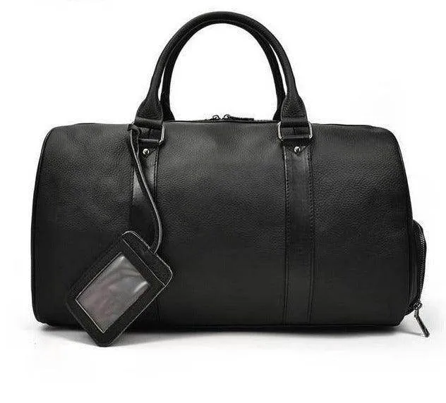 Mens Leather Overnight Luggage Weekender Duffel Bag Black