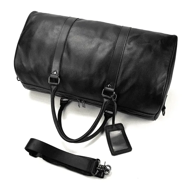 Mens Leather Overnight Luggage Weekender Duffel Bag Black