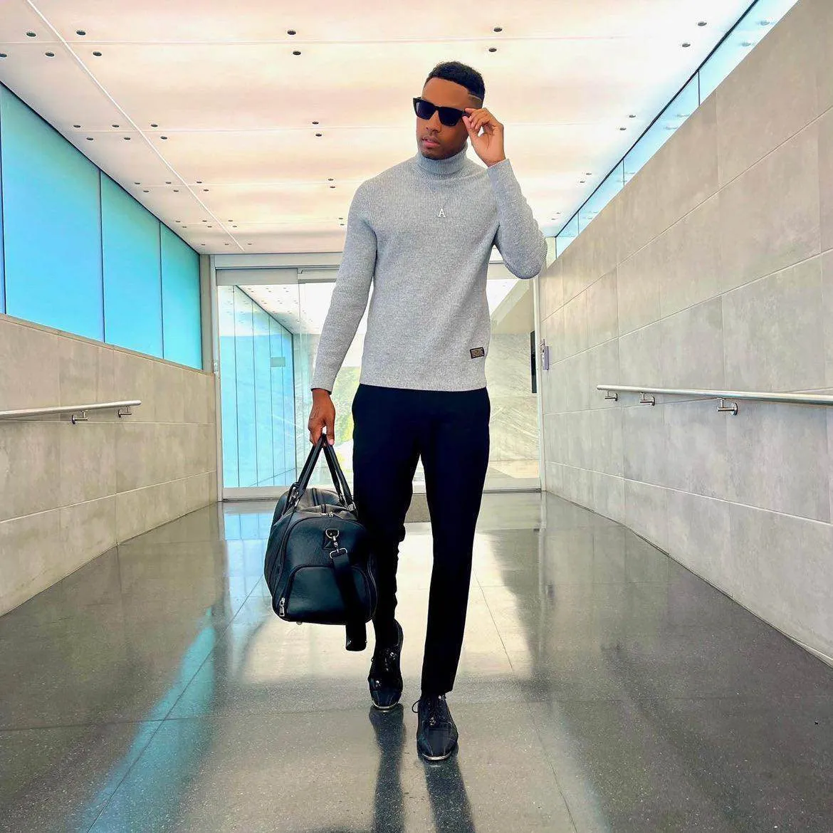 Mens Leather Overnight Luggage Weekender Duffel Bag Black