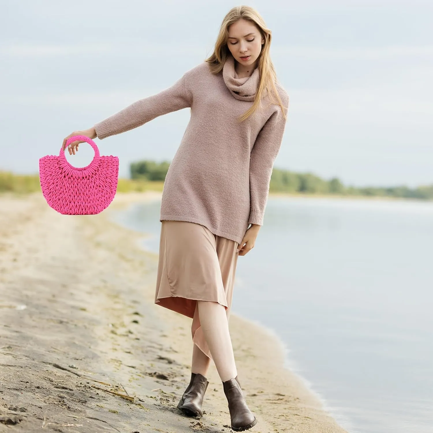 Mini Semi-circle Rattan Straw Bag, Hand-woven Women Summer Retro Beach Tote Shoulder Bag Crossbody Travel Beach Bag