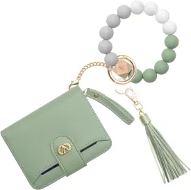 Multi-Purpose Wallet High Capacity Card Holder Zipper Coin Purse with Wristlet Bracelet Keychain Silicone Beaded Bangle Key Ring