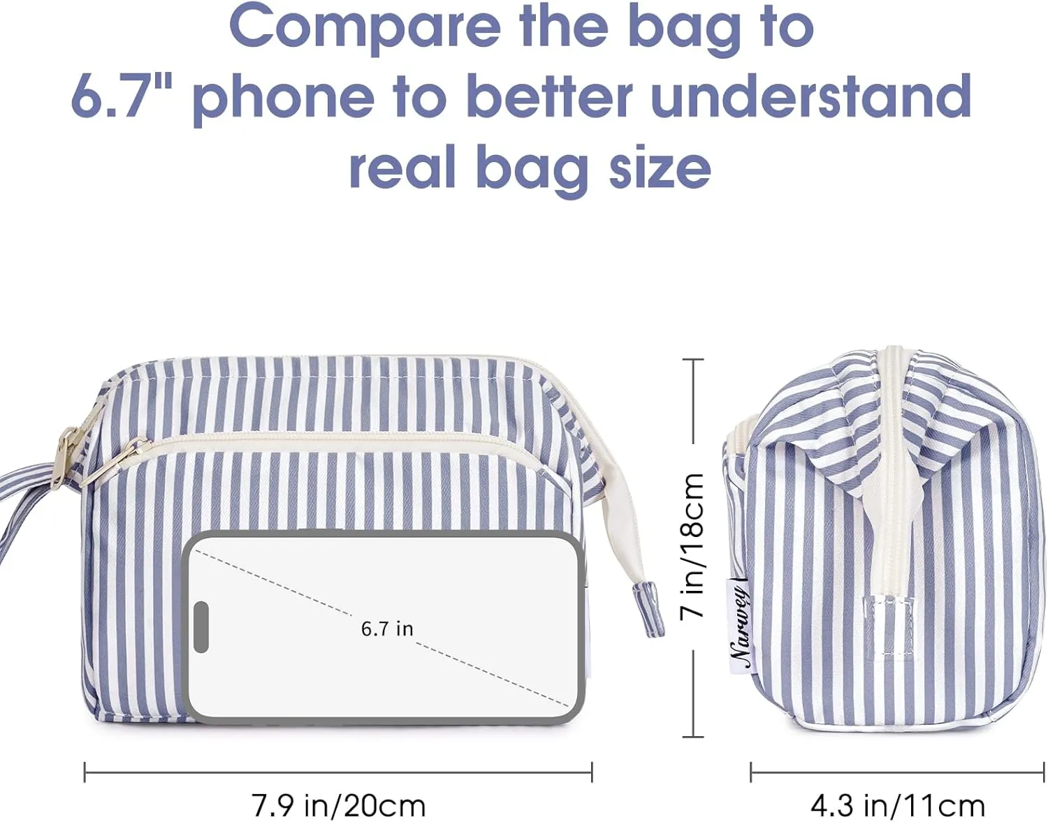Narwey Striped Wide Open Makeup Bag Women, Travel Toiletry Bag for Women Cosmetic Bag Organizer Make up Bags with Compartments, Gift for Teen Girls (Greyish Blue Stripe)