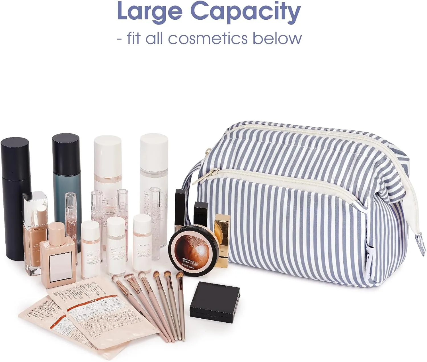 Narwey Striped Wide Open Makeup Bag Women, Travel Toiletry Bag for Women Cosmetic Bag Organizer Make up Bags with Compartments, Gift for Teen Girls (Greyish Blue Stripe)