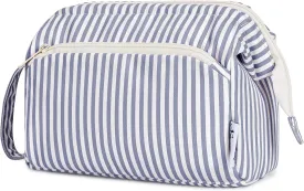 Narwey Striped Wide Open Makeup Bag Women, Travel Toiletry Bag for Women Cosmetic Bag Organizer Make up Bags with Compartments, Gift for Teen Girls (Greyish Blue Stripe)