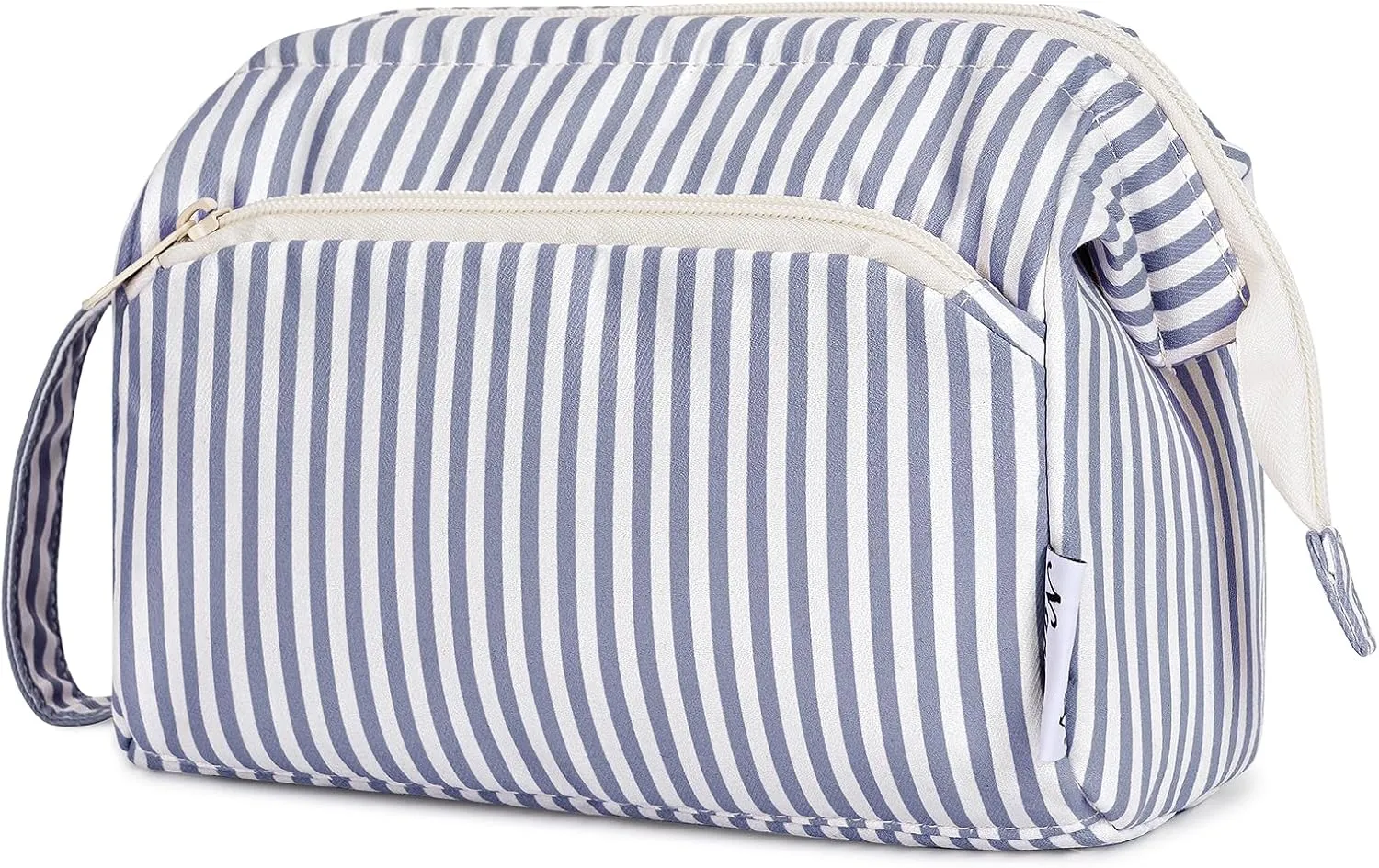 Narwey Striped Wide Open Makeup Bag Women, Travel Toiletry Bag for Women Cosmetic Bag Organizer Make up Bags with Compartments, Gift for Teen Girls (Greyish Blue Stripe)
