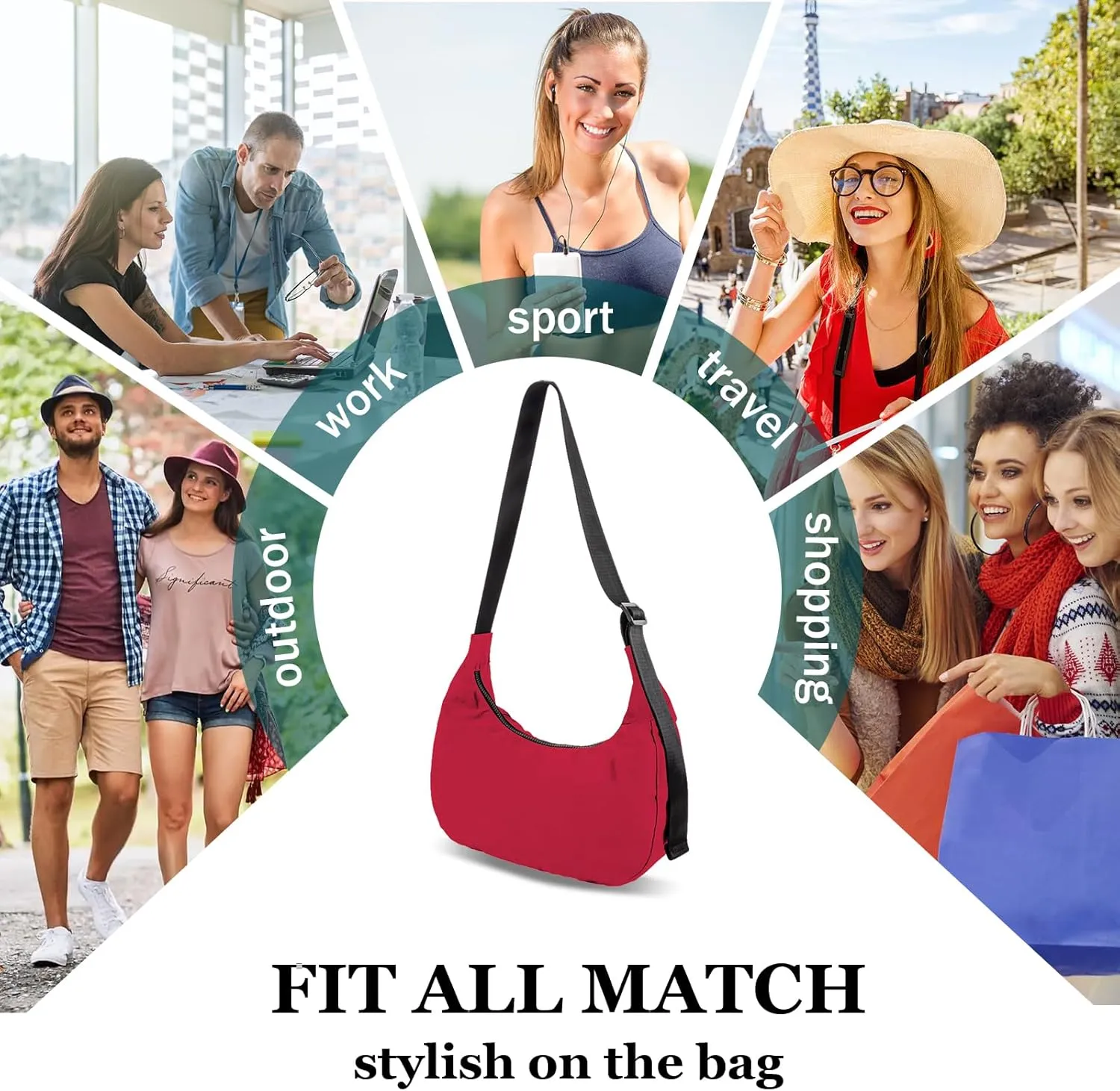 Nylon Crescent Shoulder Bag for Women Men,Crossbody Bag with Adjustable Strap&Dual Interior Zip Pocket