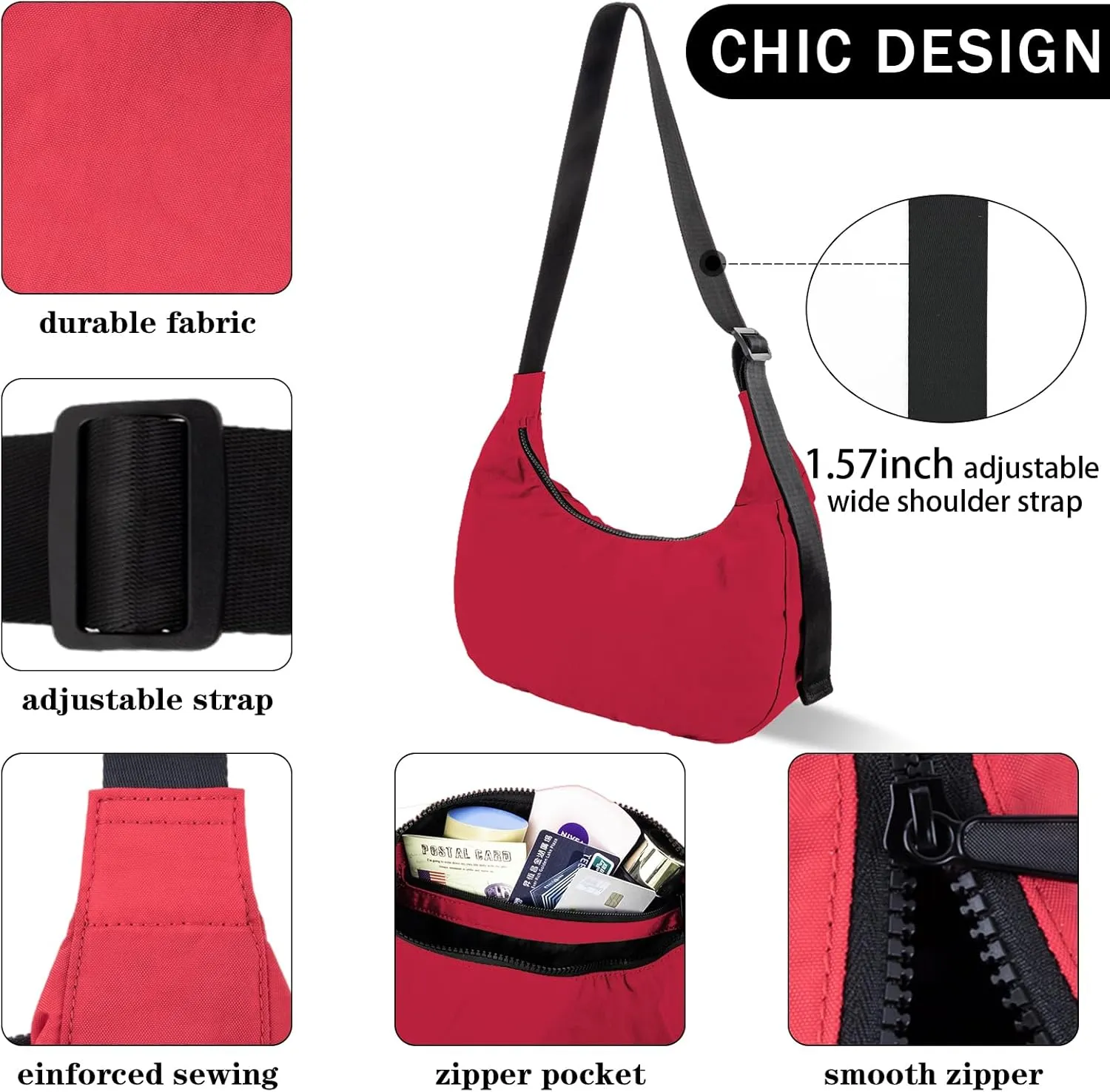 Nylon Crescent Shoulder Bag for Women Men,Crossbody Bag with Adjustable Strap&Dual Interior Zip Pocket