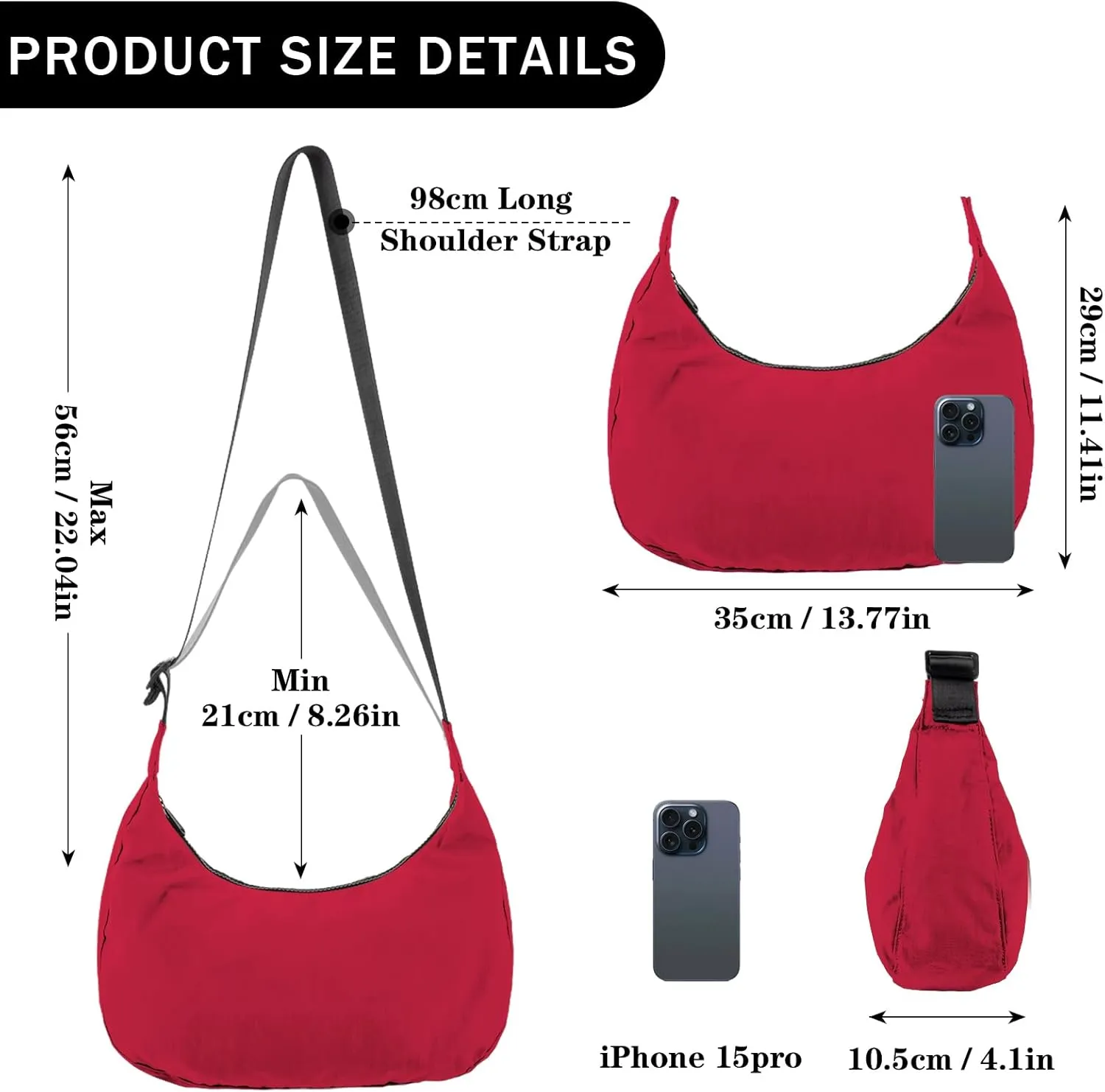 Nylon Crescent Shoulder Bag for Women Men,Crossbody Bag with Adjustable Strap&Dual Interior Zip Pocket
