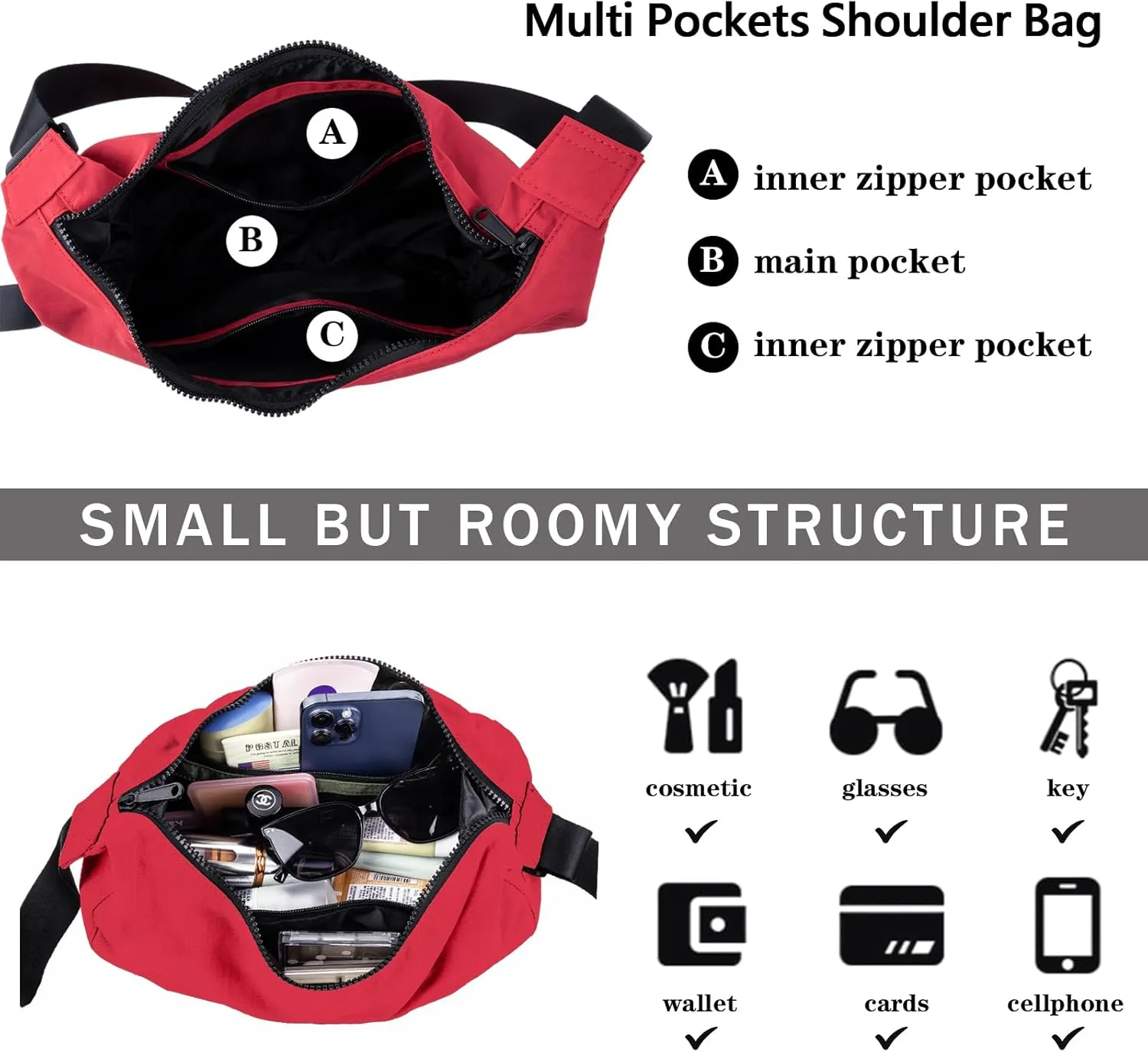 Nylon Crescent Shoulder Bag for Women Men,Crossbody Bag with Adjustable Strap&Dual Interior Zip Pocket