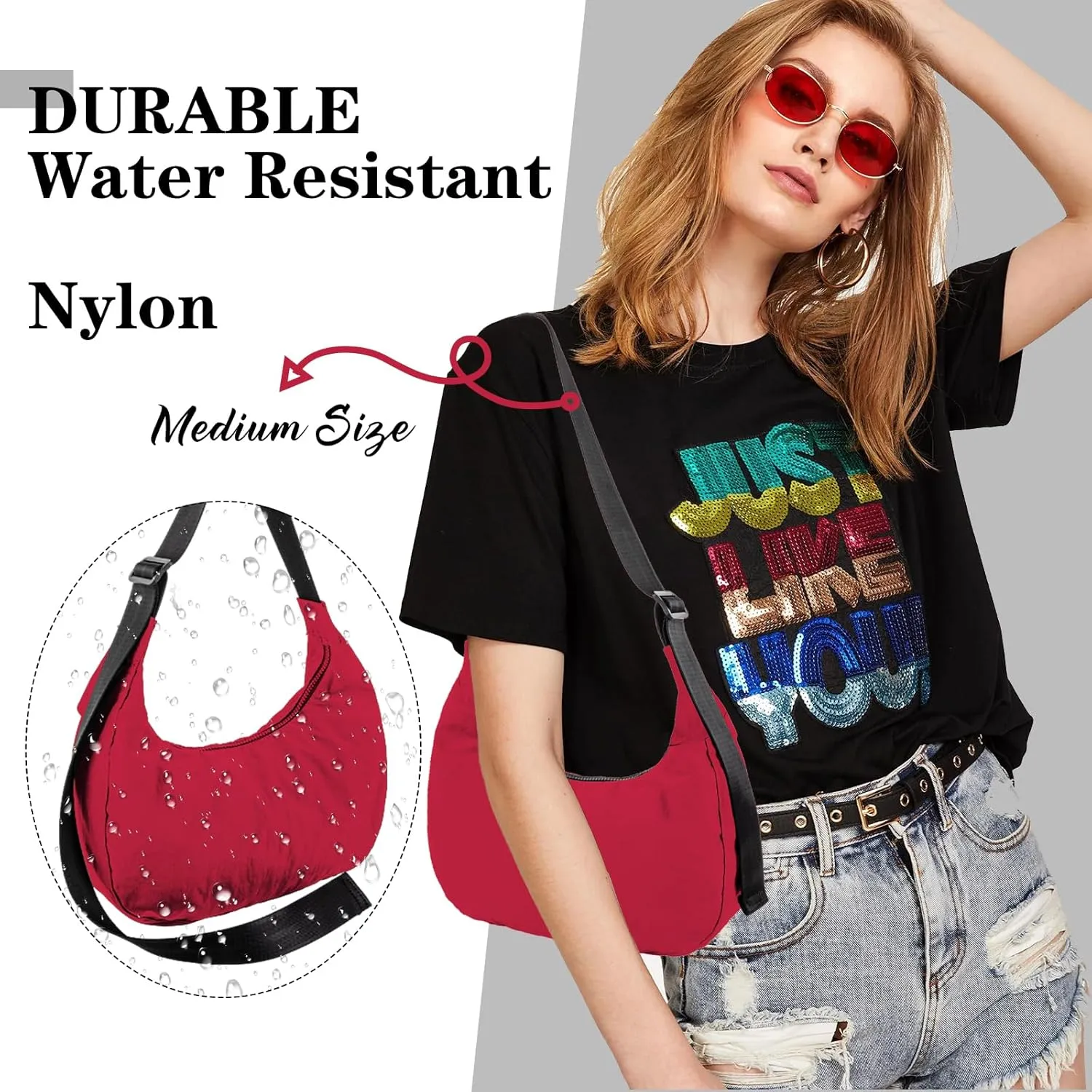 Nylon Crescent Shoulder Bag for Women Men,Crossbody Bag with Adjustable Strap&Dual Interior Zip Pocket