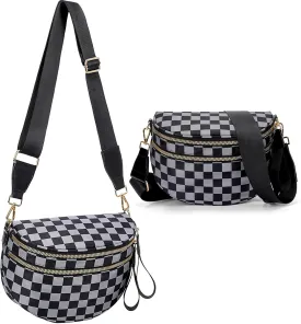 Oversized Black and White Checker Print Crossbody Bag for Women - Water Resistant Nylon Sling Bag with Vegan Leather Trim