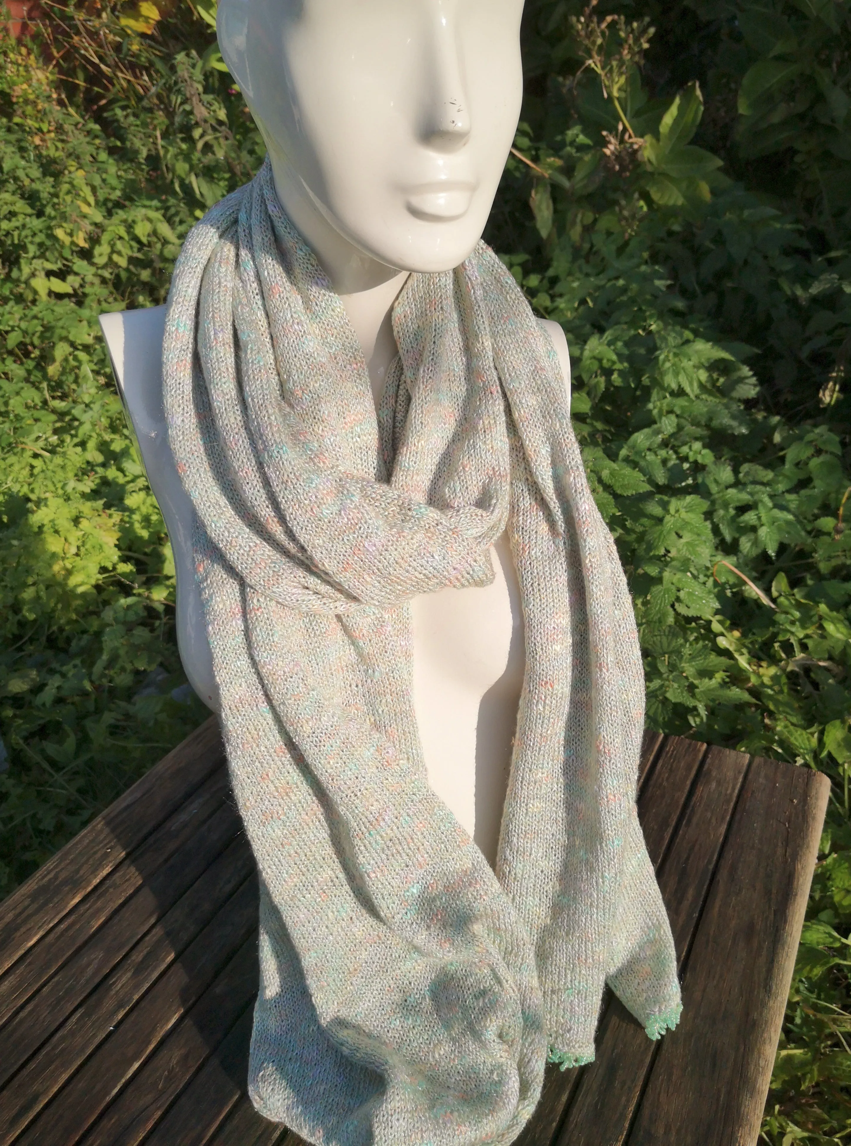 Pashmina shawl/ scarf, with beaded detail in a subtle green flecked yarn,