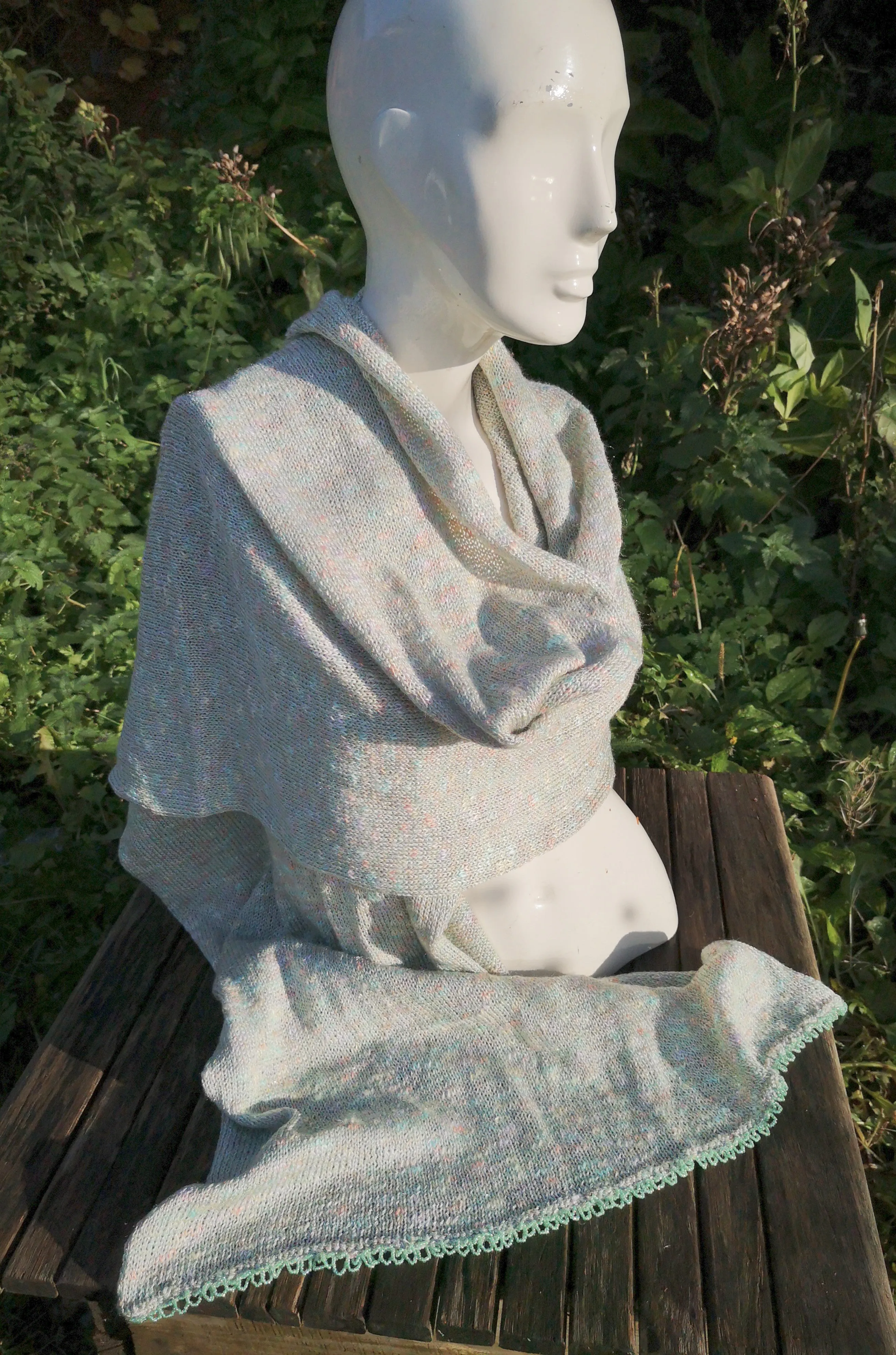 Pashmina shawl/ scarf, with beaded detail in a subtle green flecked yarn,