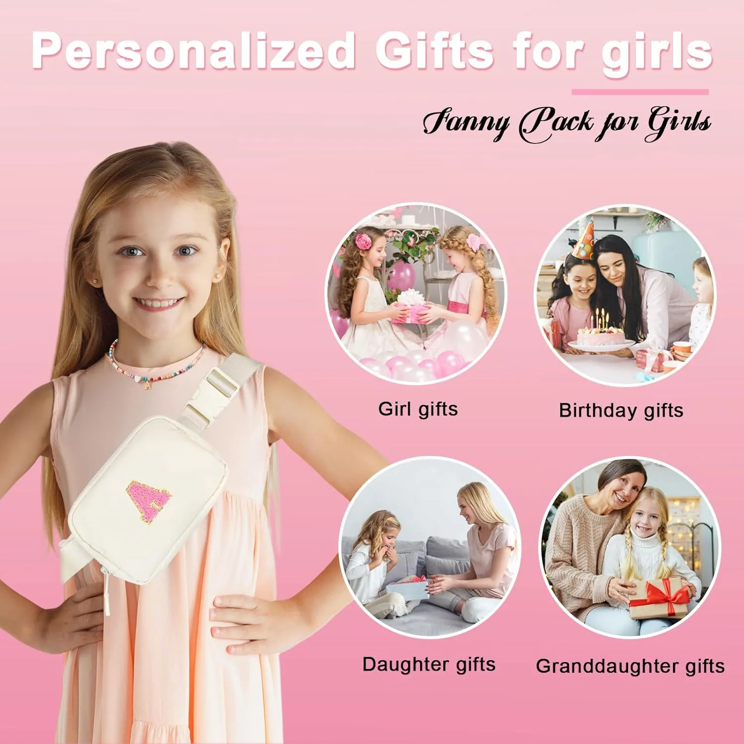 Personalized Fanny Pack for Girls, Gift Sets for Teen Girl, Birthday Gifts for 4 5 6 7 8 9 10 11 12 13 Year Old Girls, Initial Crossbody Bag Belt Bag for Girl Kids (A)