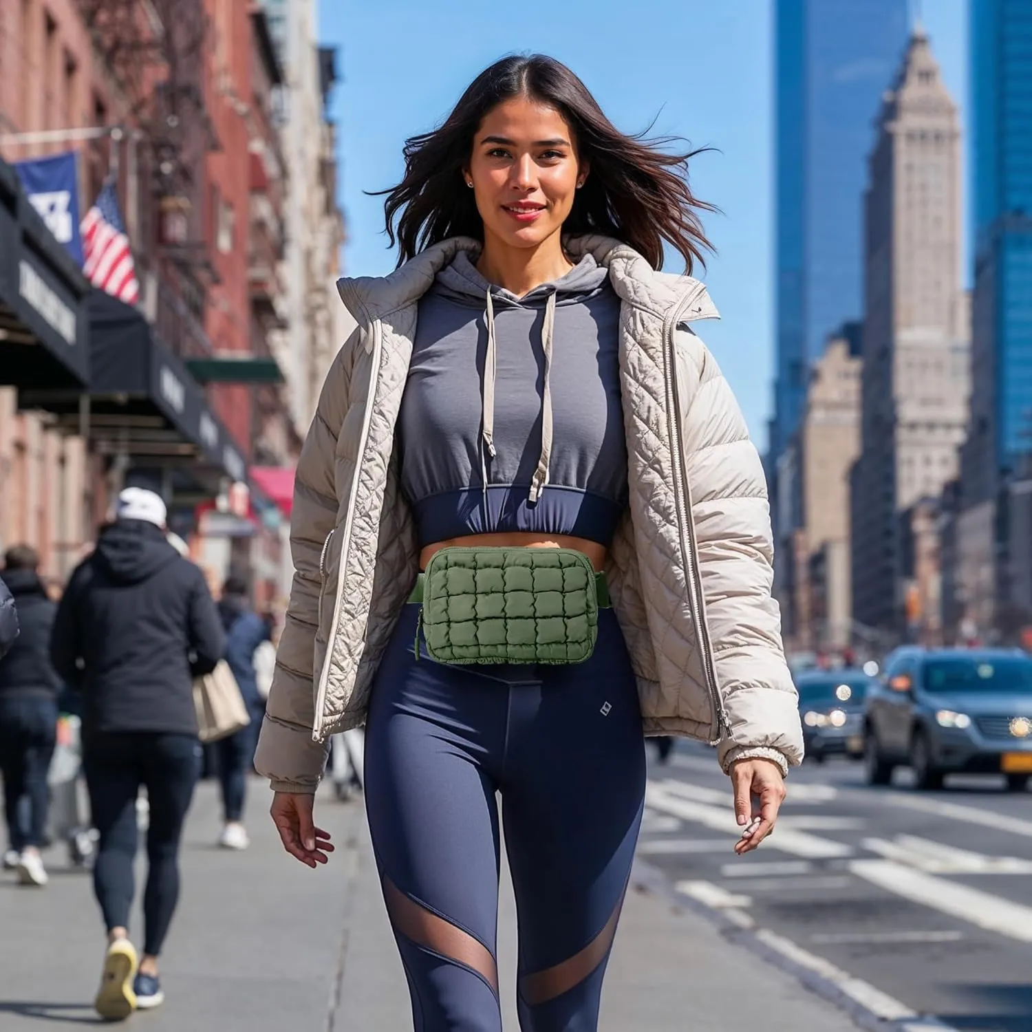 Puffer Crossbody Bag for Women  Plus Size Friendly Belt Bag  Quilted Fanny Pack w/Extender  Extra Long Strap 75" Fits XS-12X  Mini Puffer Bag for Travel Gym Trending Gift for Women (Bean green)