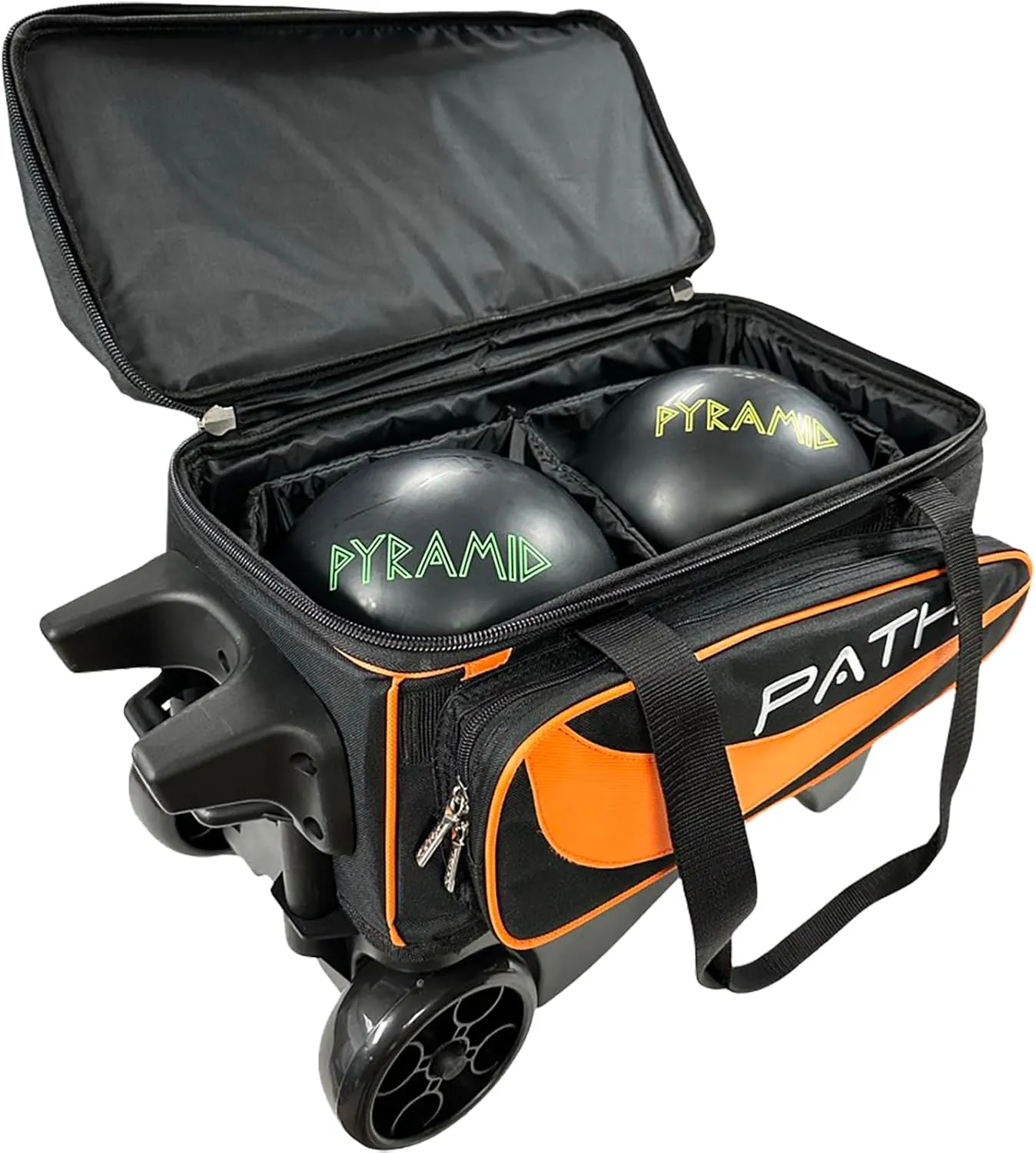 Pyramid Path Premium Deluxe 2 Ball Double Roller Bowling Bag With Large Separate Shoe Compartment (Up To US Mens Size 15) and Oversized Accessory Pocket, Retractable Locking Handle - Extends to 37"