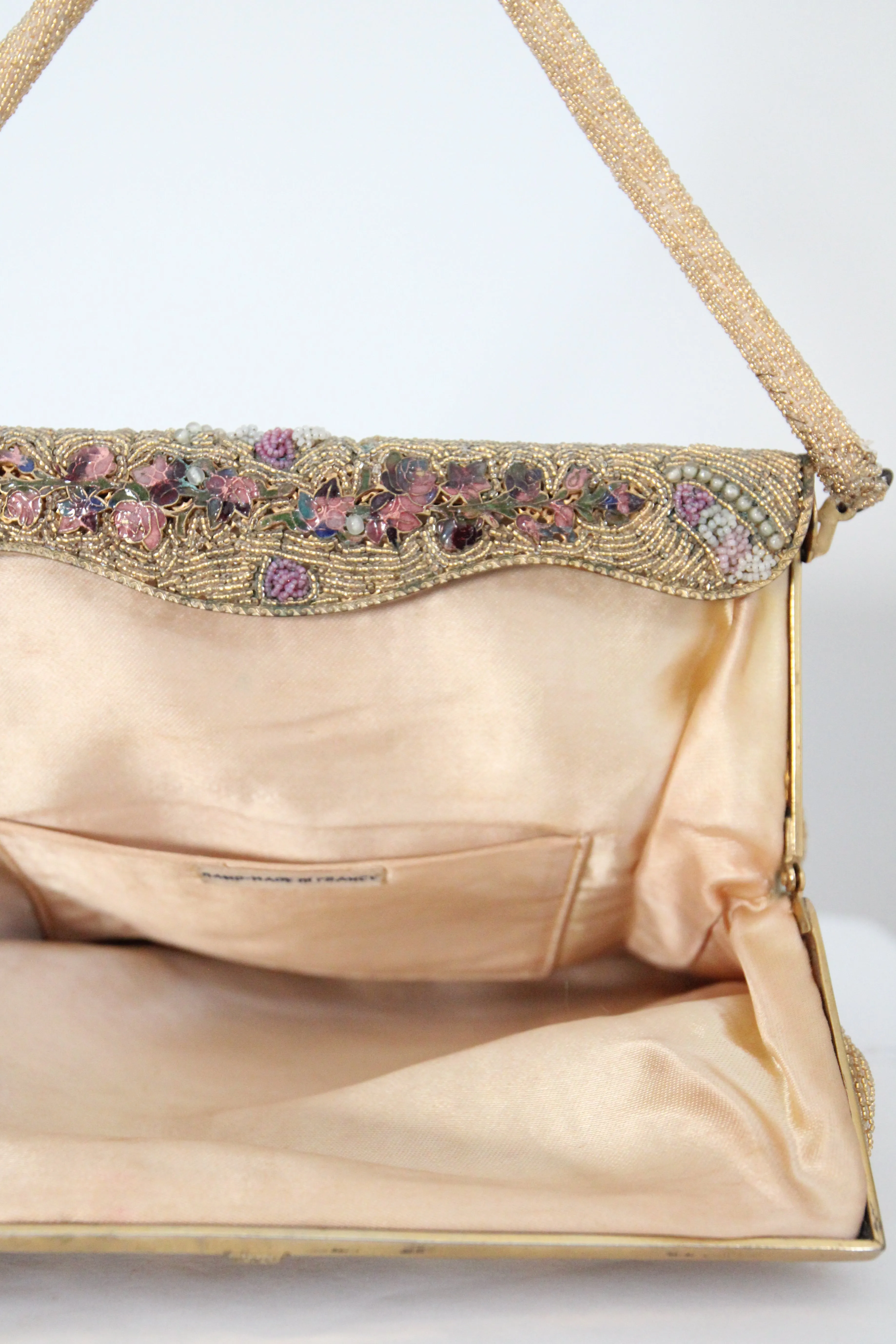 "Gold Beaded Flora" Vintage 1950's Gold Beaded & Embroidered Floral Enamel Edge Evening Bag
