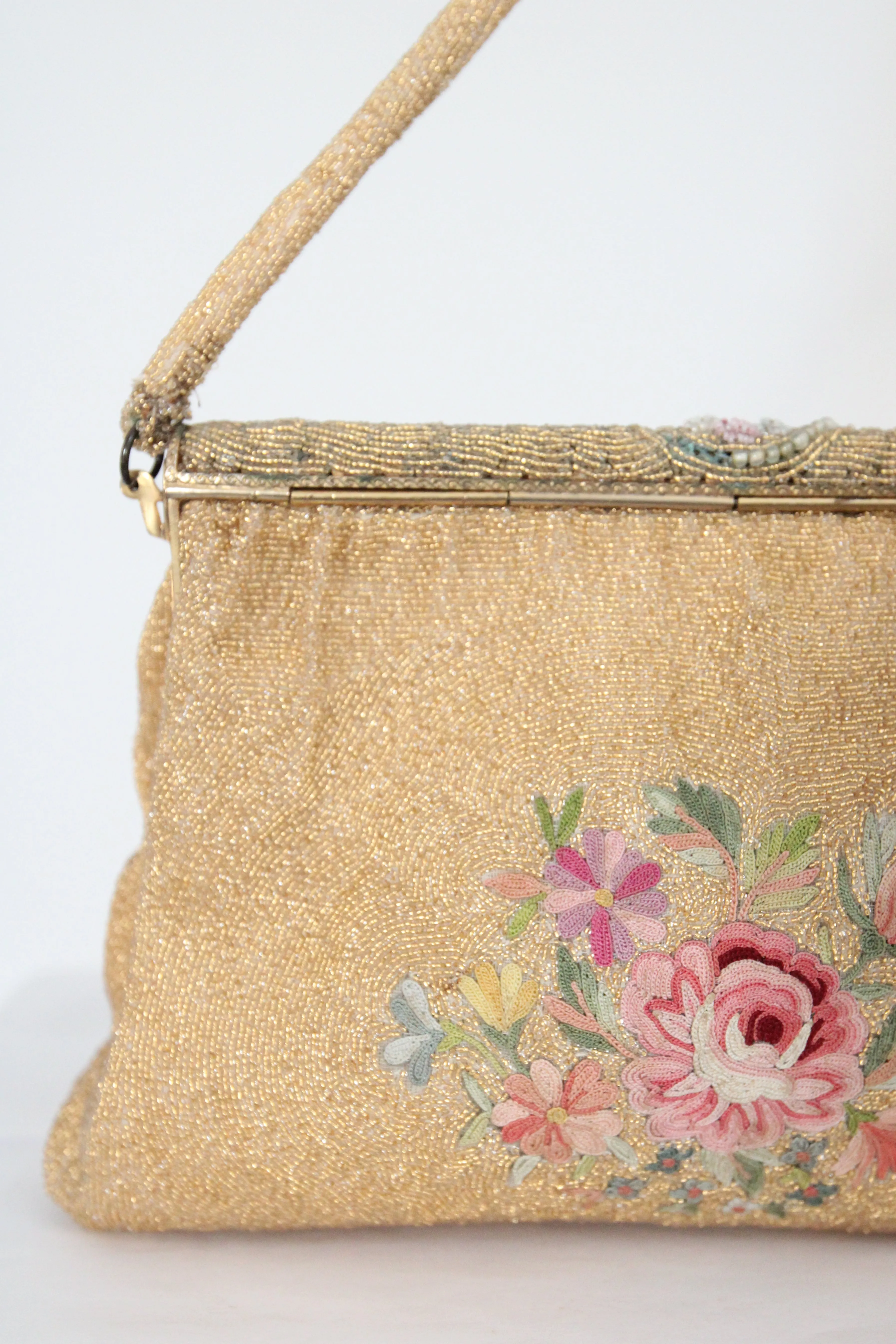 "Gold Beaded Flora" Vintage 1950's Gold Beaded & Embroidered Floral Enamel Edge Evening Bag