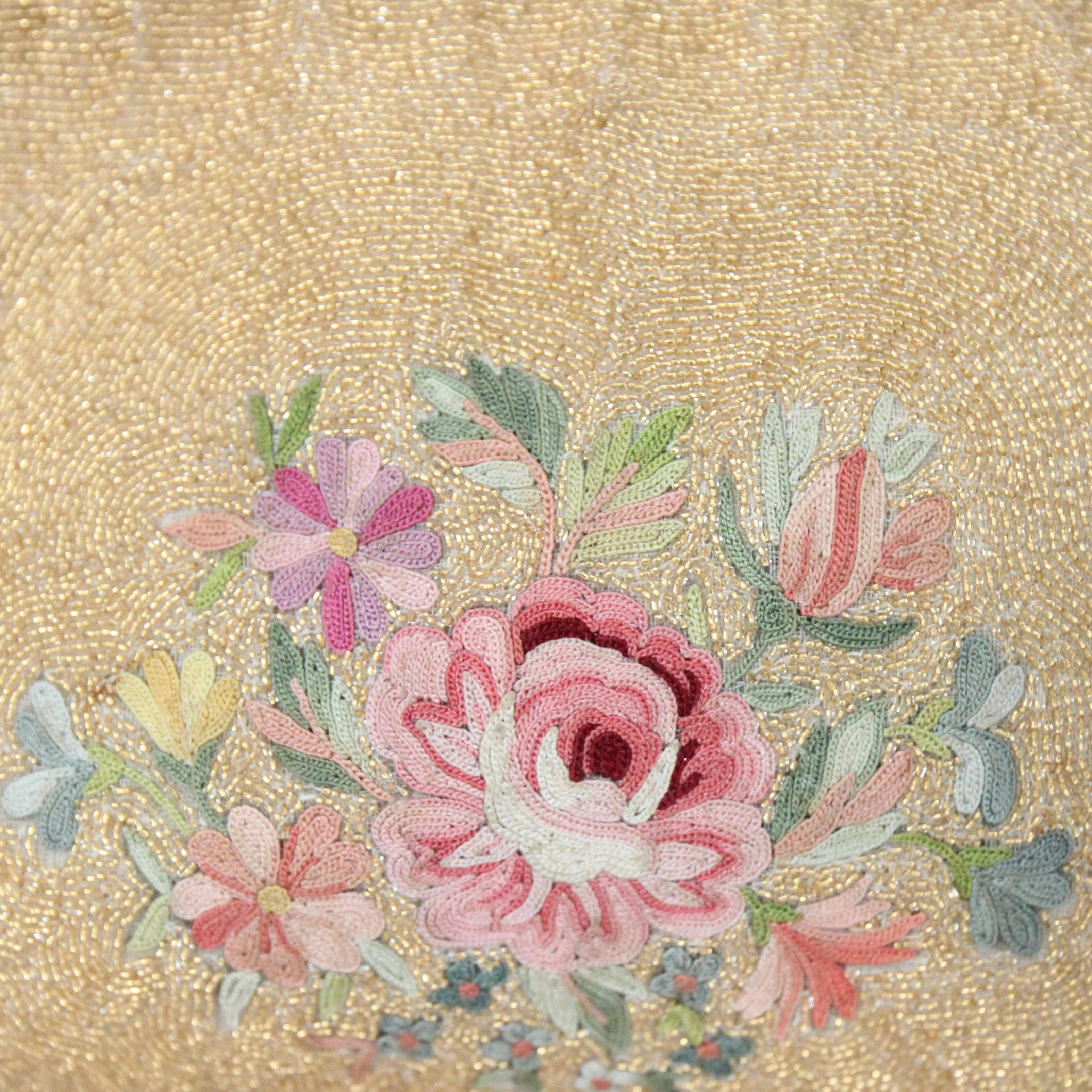 "Gold Beaded Flora" Vintage 1950's Gold Beaded & Embroidered Floral Enamel Edge Evening Bag