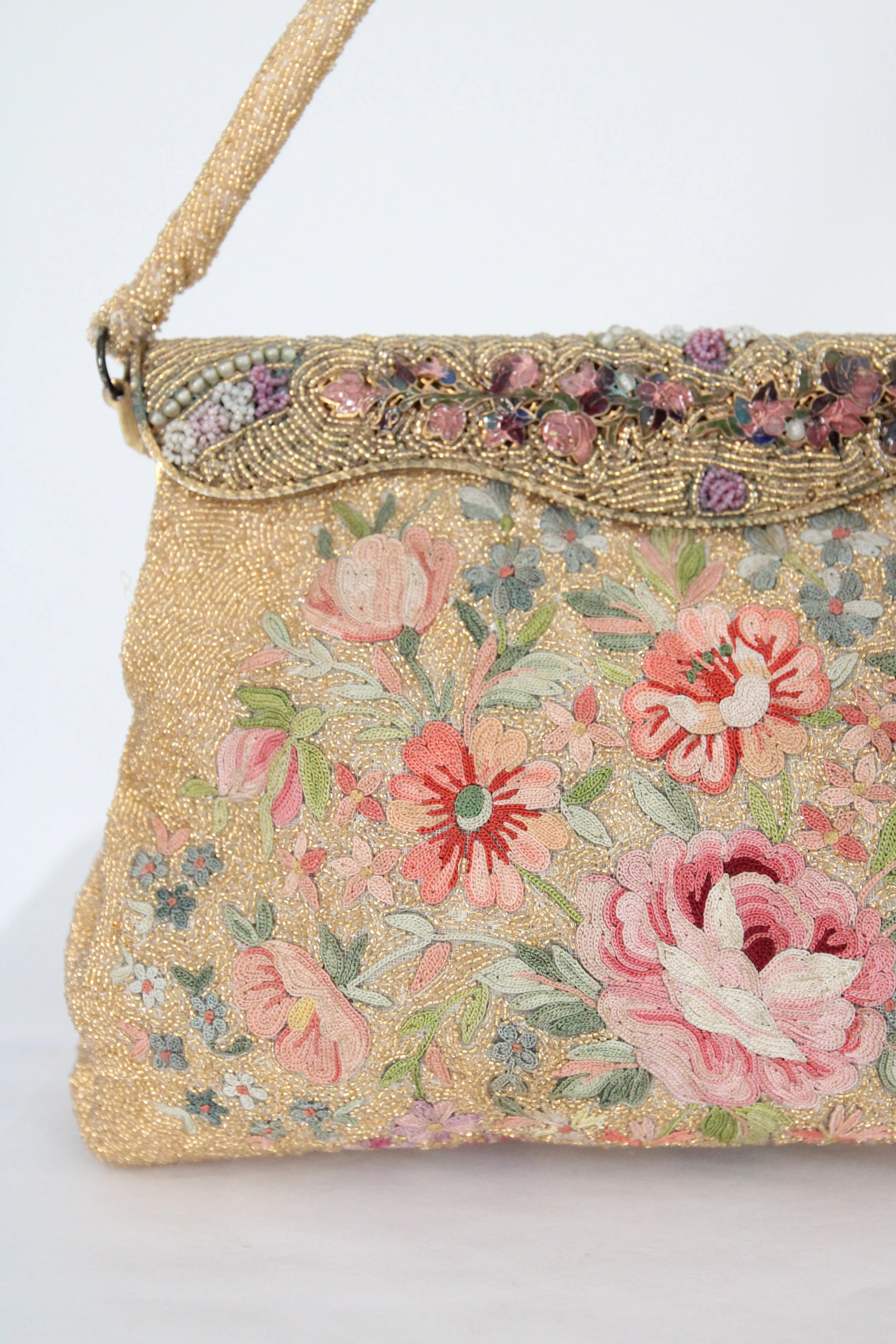 "Gold Beaded Flora" Vintage 1950's Gold Beaded & Embroidered Floral Enamel Edge Evening Bag