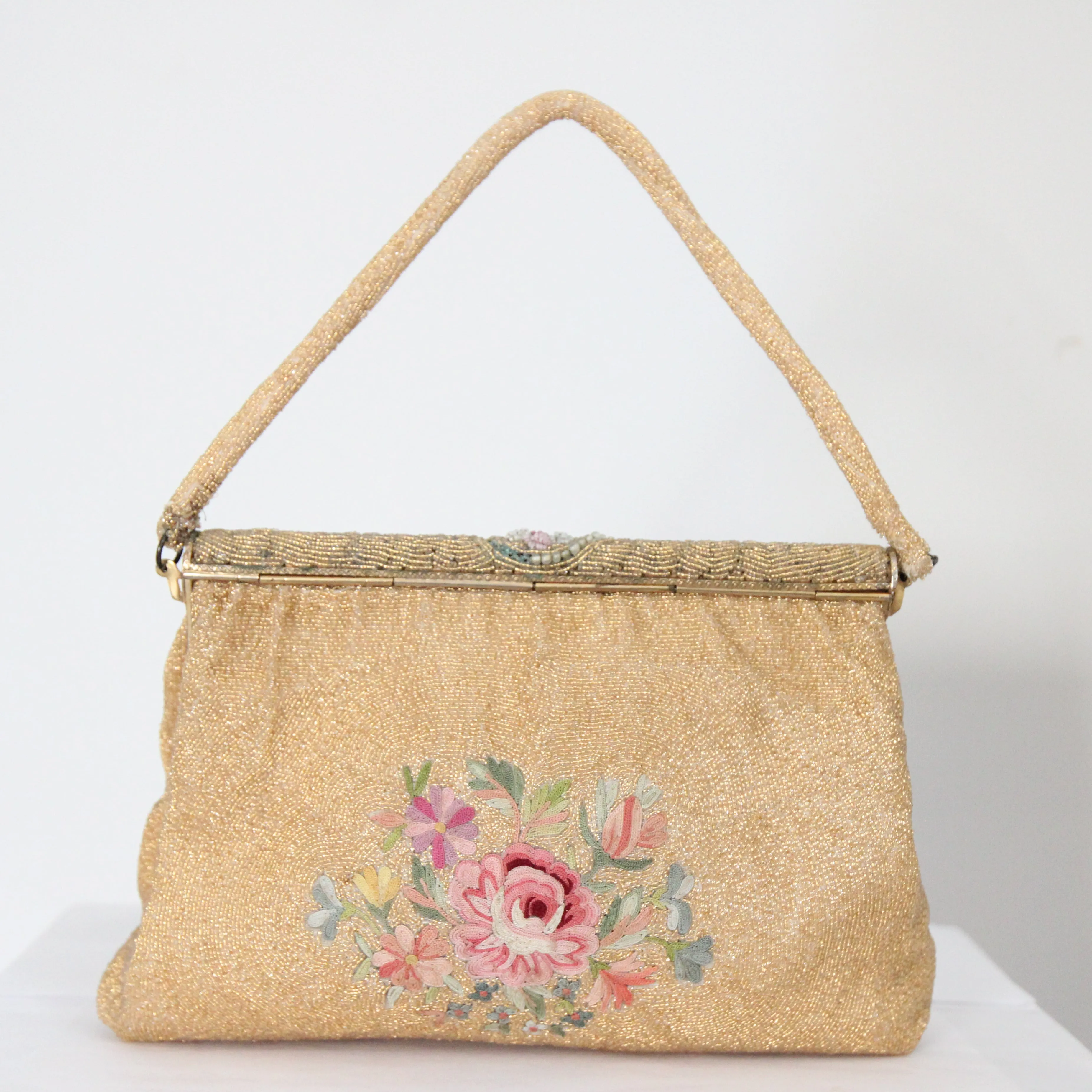 "Gold Beaded Flora" Vintage 1950's Gold Beaded & Embroidered Floral Enamel Edge Evening Bag
