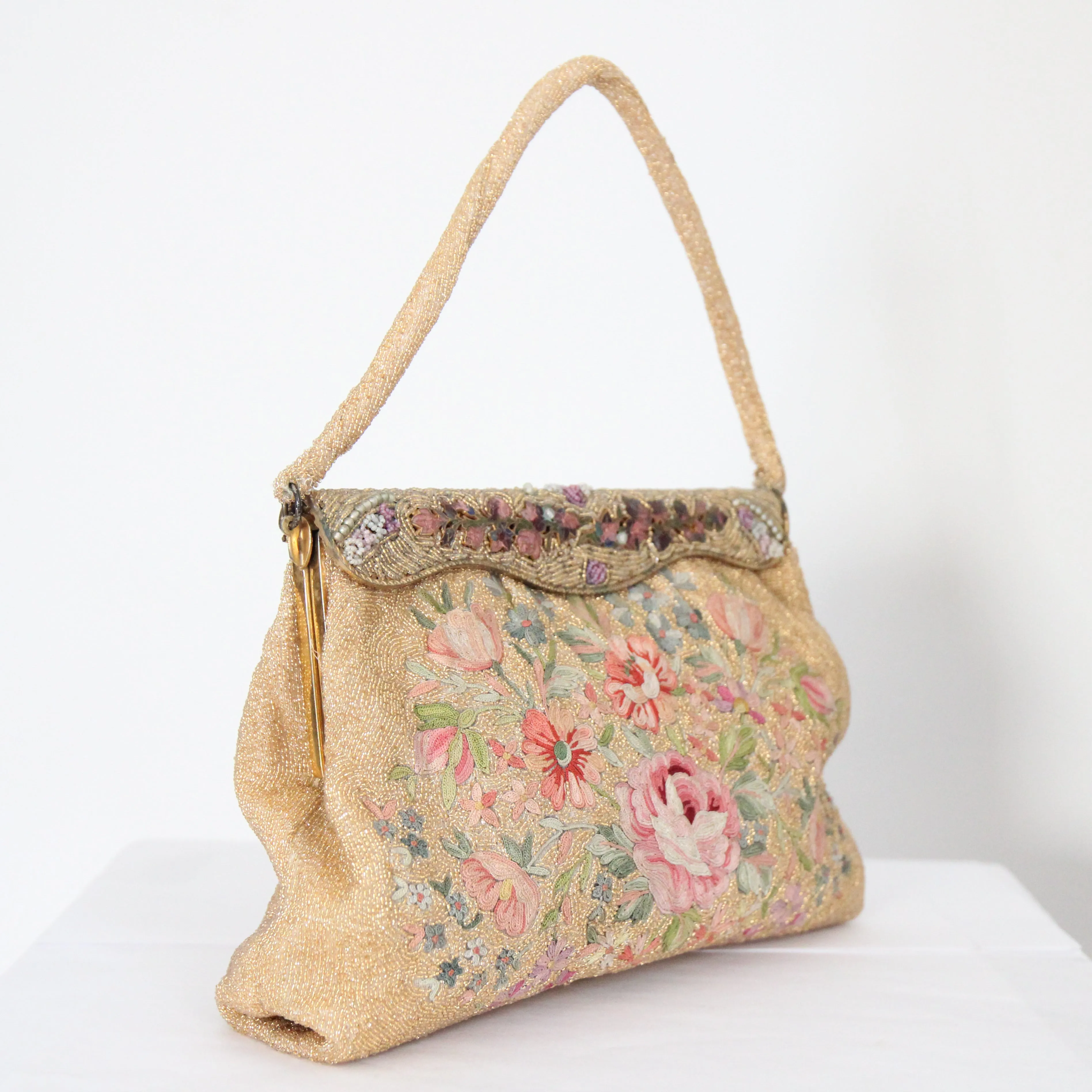 "Gold Beaded Flora" Vintage 1950's Gold Beaded & Embroidered Floral Enamel Edge Evening Bag