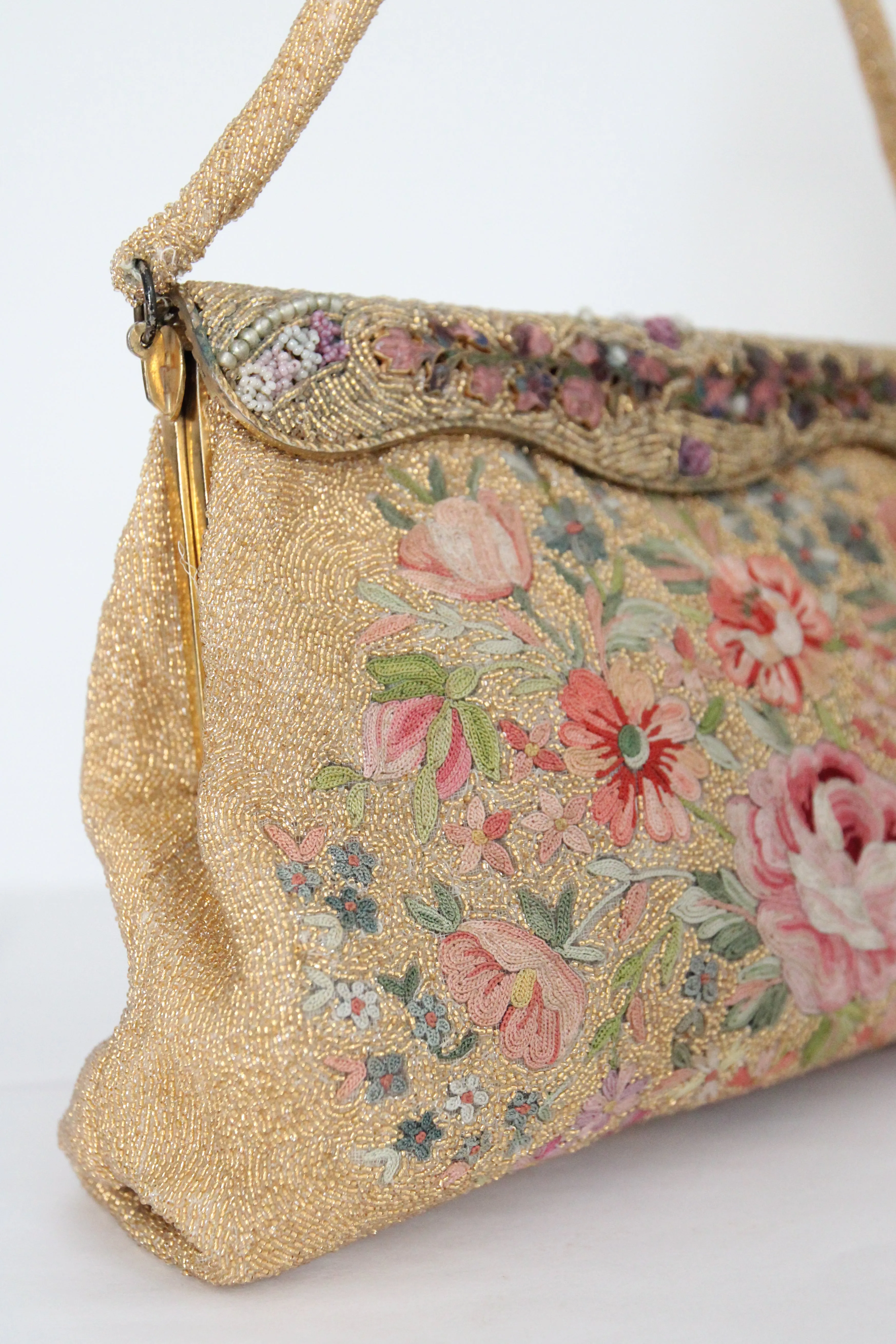 "Gold Beaded Flora" Vintage 1950's Gold Beaded & Embroidered Floral Enamel Edge Evening Bag