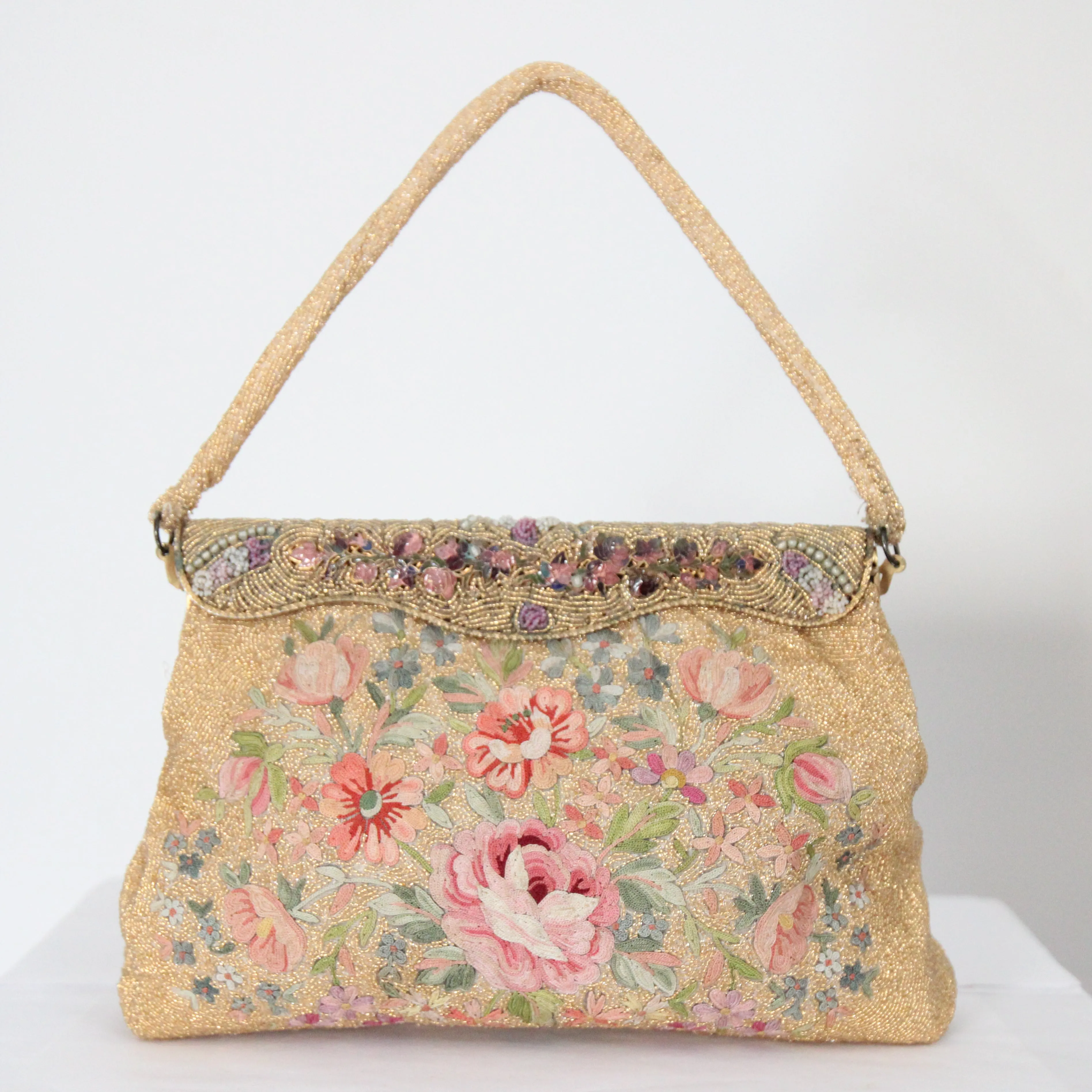 "Gold Beaded Flora" Vintage 1950's Gold Beaded & Embroidered Floral Enamel Edge Evening Bag