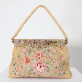 "Gold Beaded Flora" Vintage 1950's Gold Beaded & Embroidered Floral Enamel Edge Evening Bag