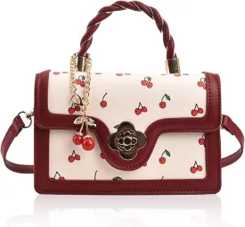 Small Chic Cherry Shoulder Bag Purse for Women PU Leather Cherry Pattern Top-handle Handbag Small Satchel Bag
