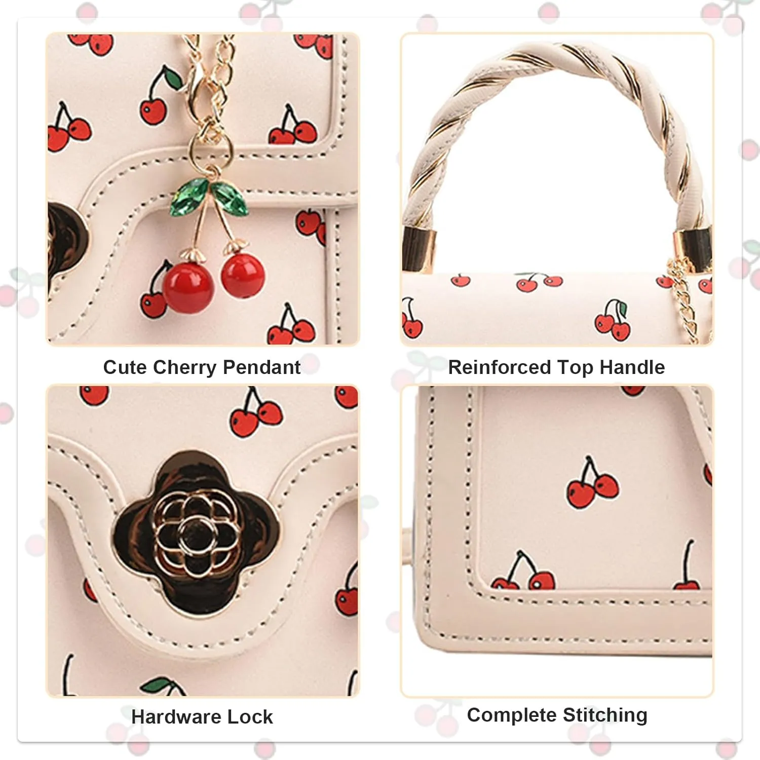 Small Chic Cherry Shoulder Bag Purse for Women PU Leather Cherry Pattern Top-handle Handbag Small Satchel Bag