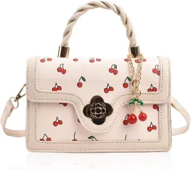 Small Chic Cherry Shoulder Bag Purse for Women PU Leather Cherry Pattern Top-handle Handbag Small Satchel Bag