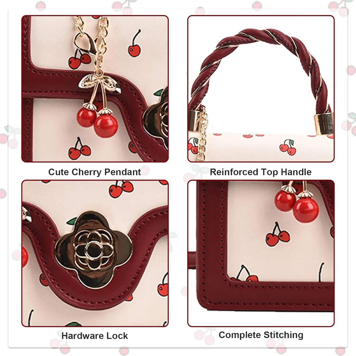 Small Chic Cherry Shoulder Bag Purse for Women PU Leather Cherry Pattern Top-handle Handbag Small Satchel Bag