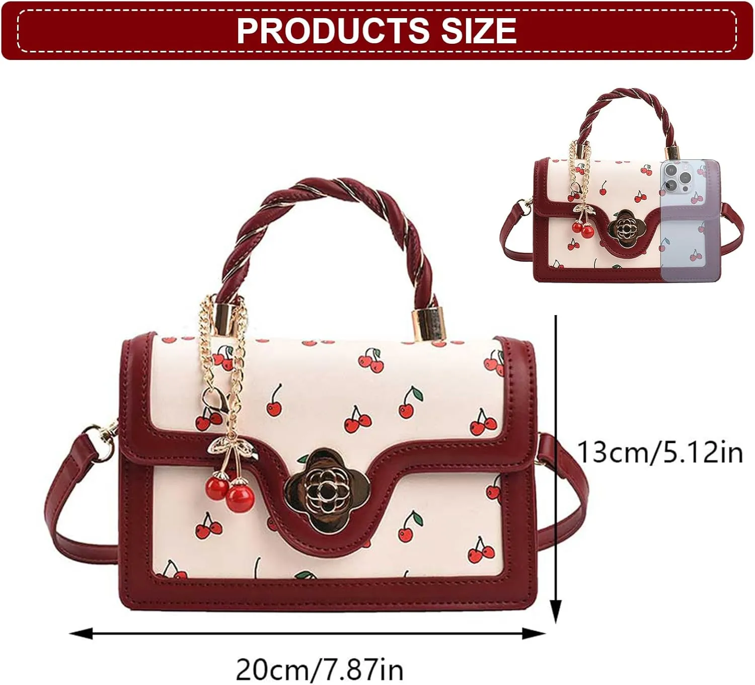 Small Chic Cherry Shoulder Bag Purse for Women PU Leather Cherry Pattern Top-handle Handbag Small Satchel Bag