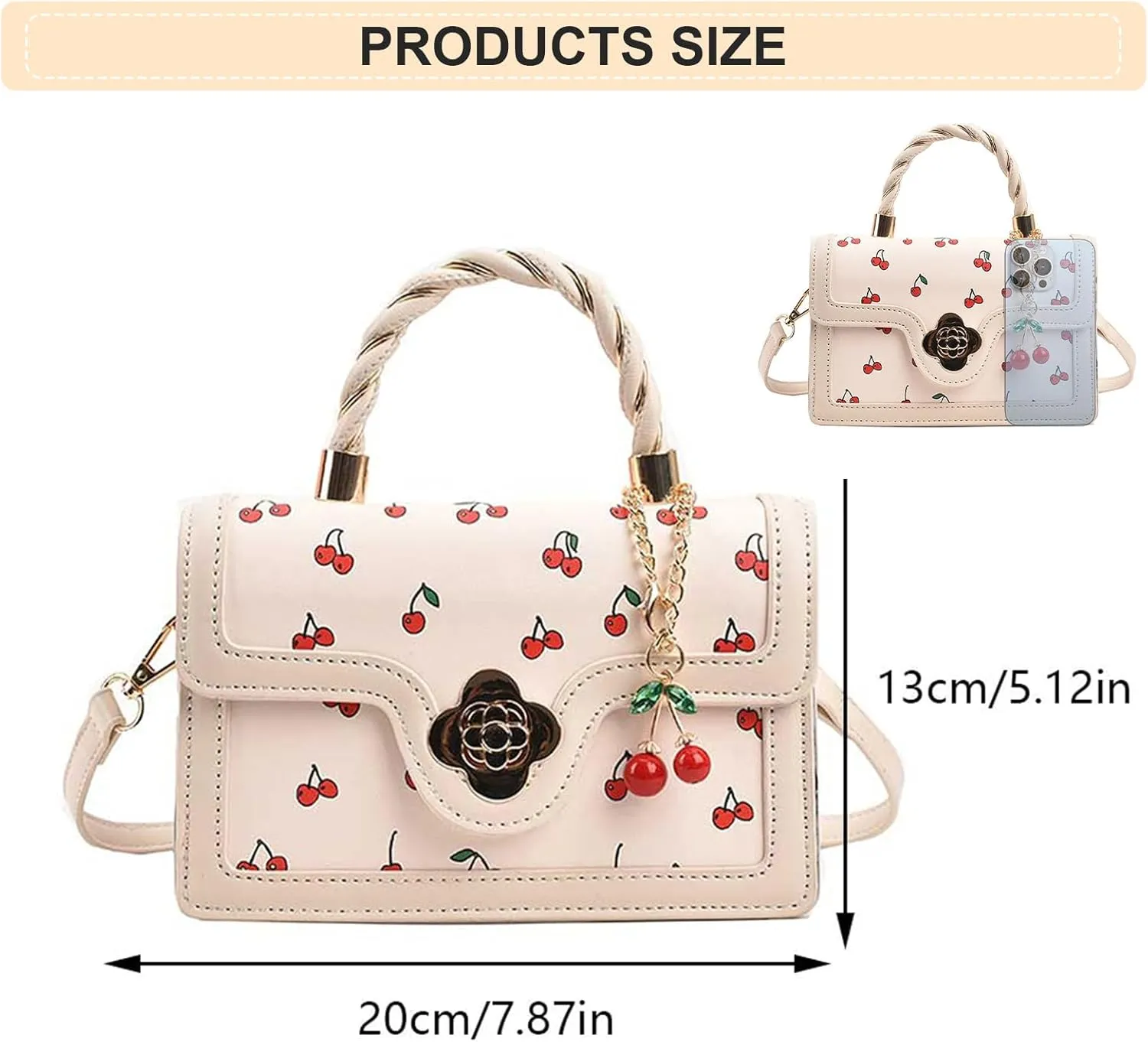 Small Chic Cherry Shoulder Bag Purse for Women PU Leather Cherry Pattern Top-handle Handbag Small Satchel Bag
