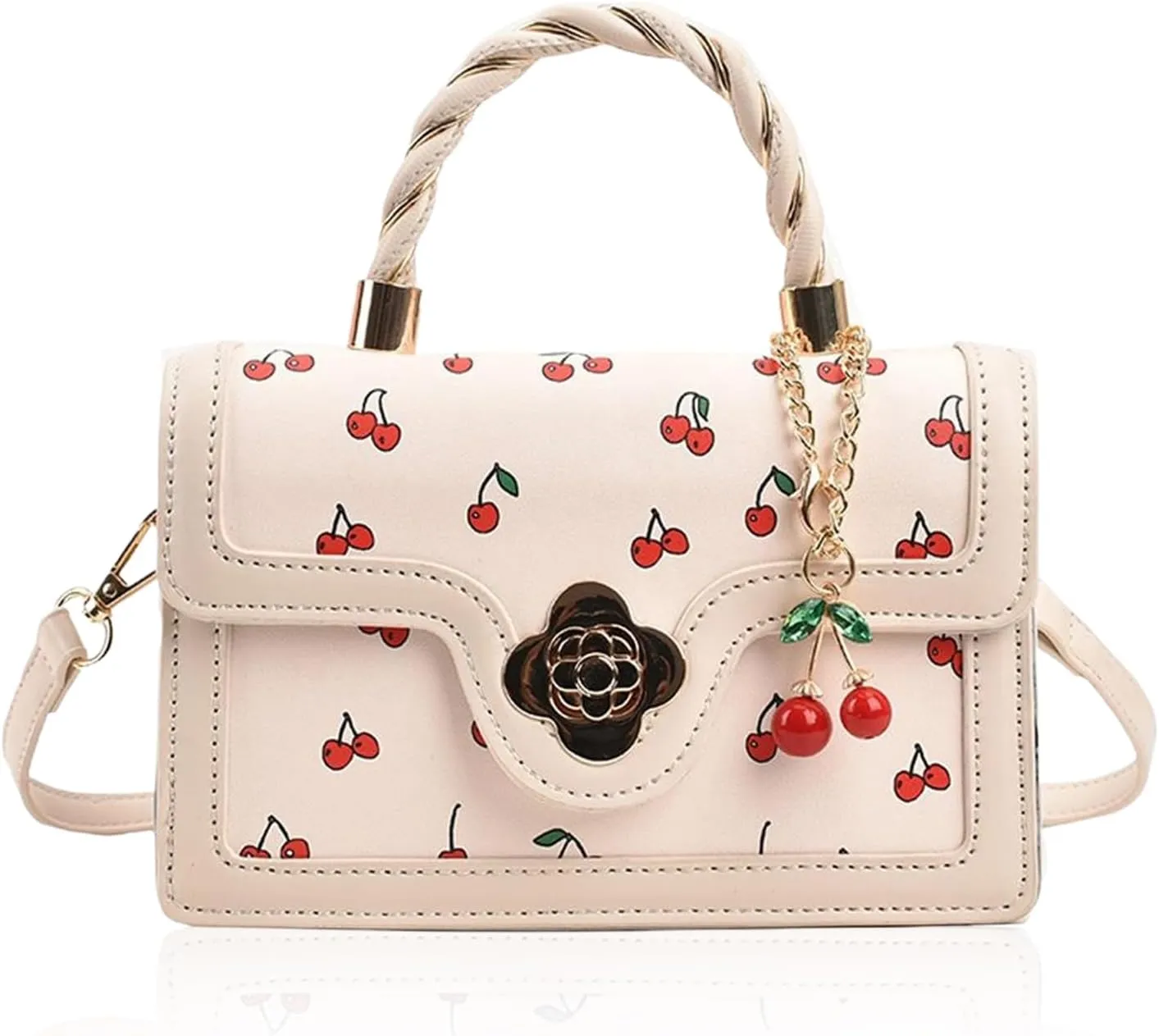 Small Chic Cherry Shoulder Bag Purse for Women PU Leather Cherry Pattern Top-handle Handbag Small Satchel Bag