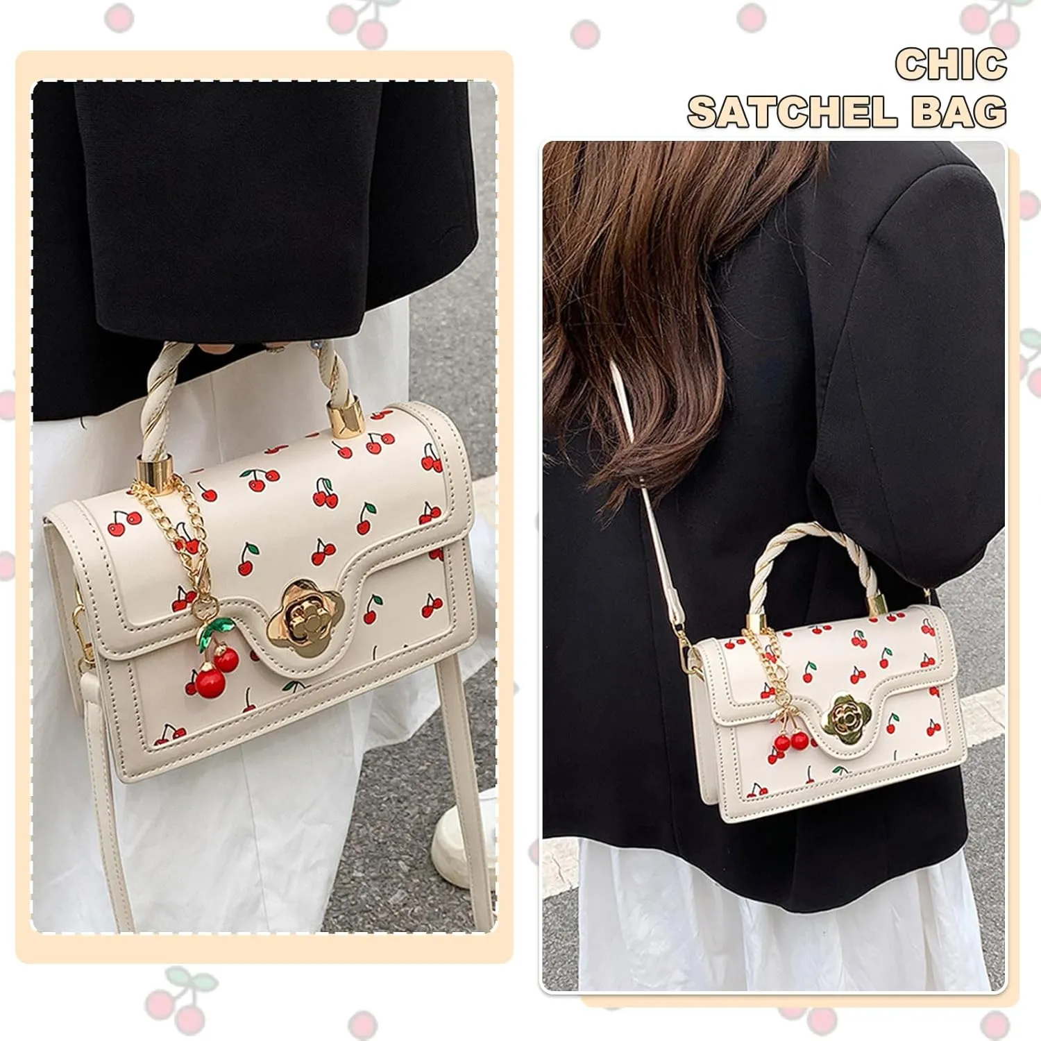Small Chic Cherry Shoulder Bag Purse for Women PU Leather Cherry Pattern Top-handle Handbag Small Satchel Bag
