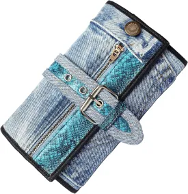 Upcycling Bifold Denim Wallet Decorated Snake skin PU leather Zipper and Buckle Accents Long Wallet Clutch Purse for Women (Blue)