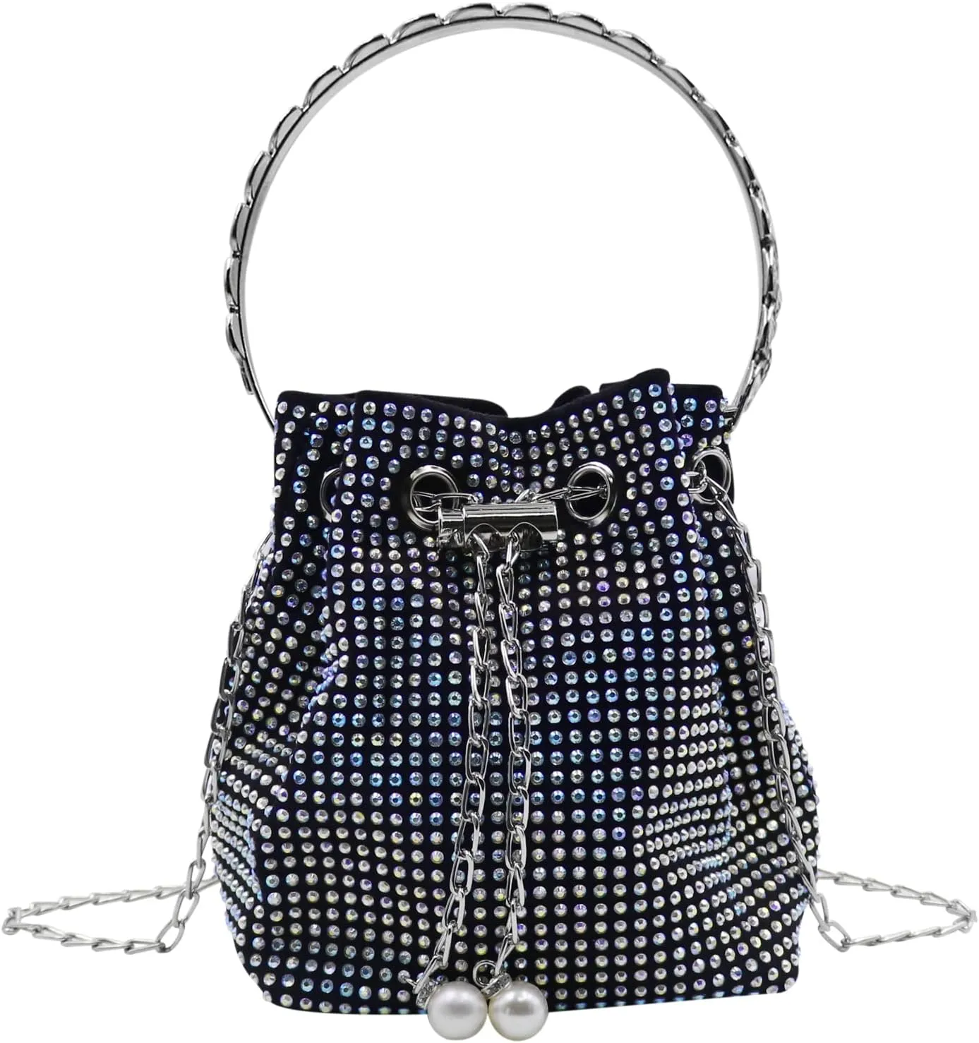 Women Rhinestone Evening Clutch Luxury Diamond Bucket Bag with Drawstring shining Crossbody Shoulder Purse for Prom
