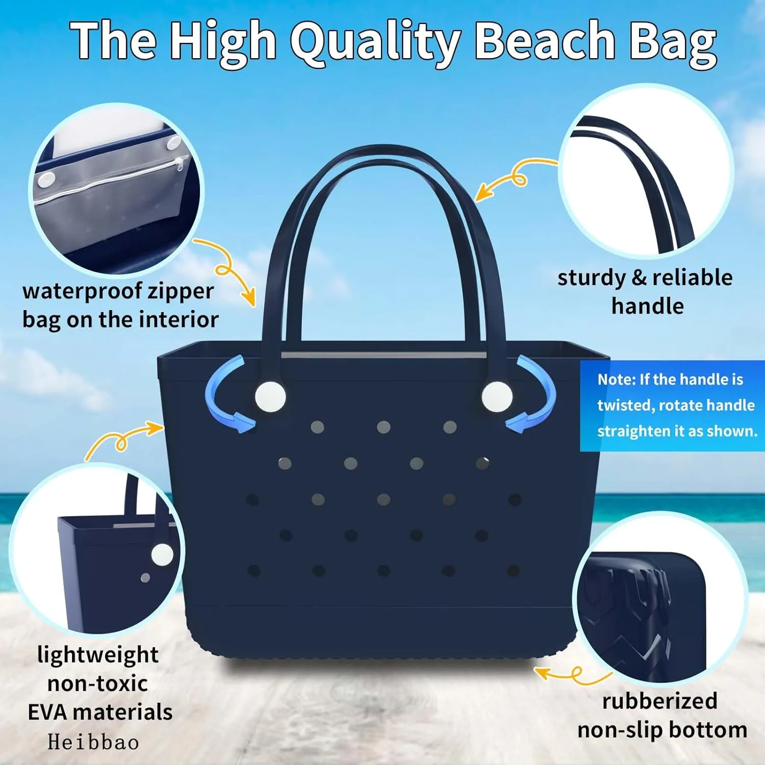 X-Large Rubber Beach Bag Tote Bag with Waterproof Zipper Inner Bag, Washable Durable Tote Bag Storage bags